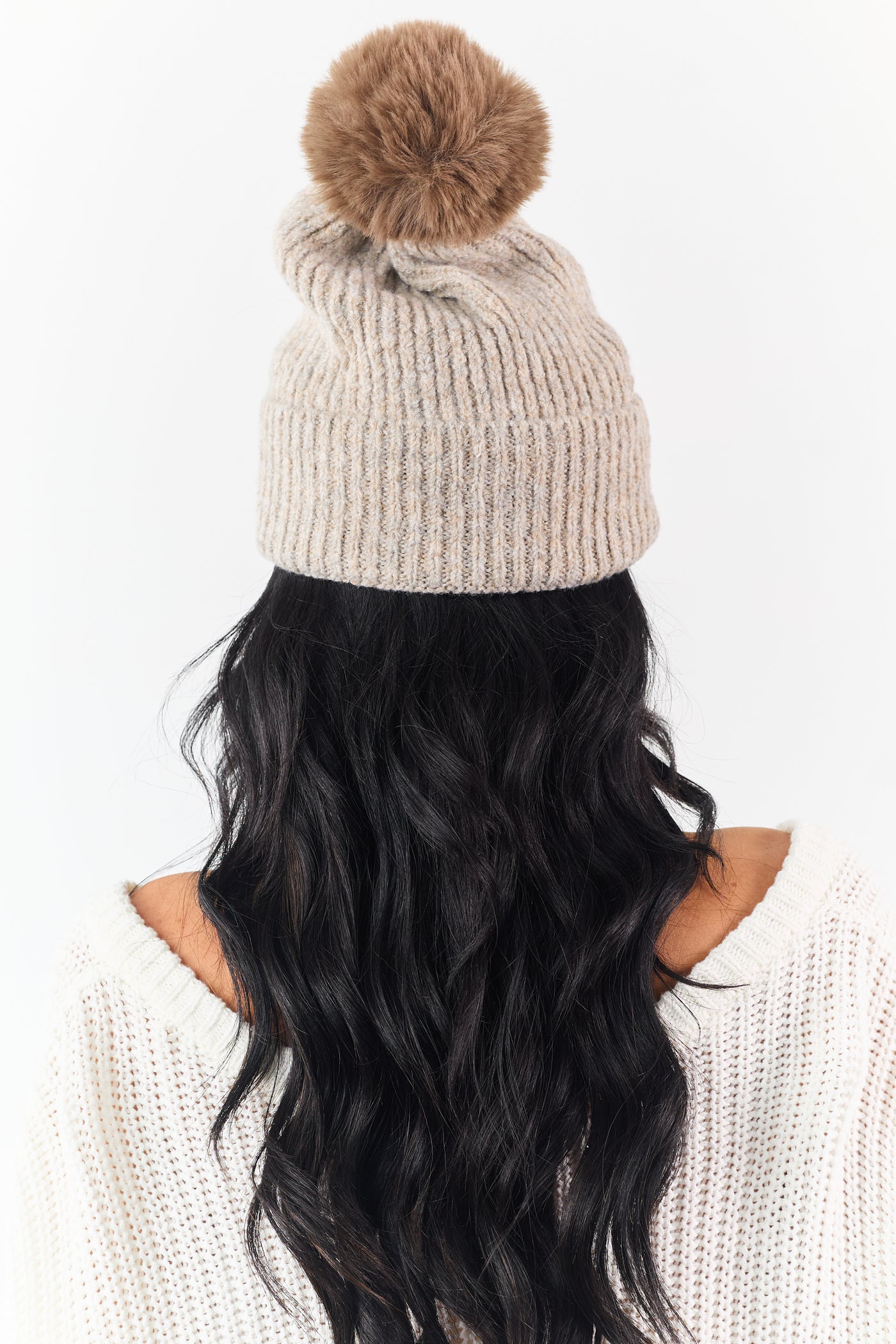 Oatmeal Faux Fur Pom Pom Ribbed Knit Beanie