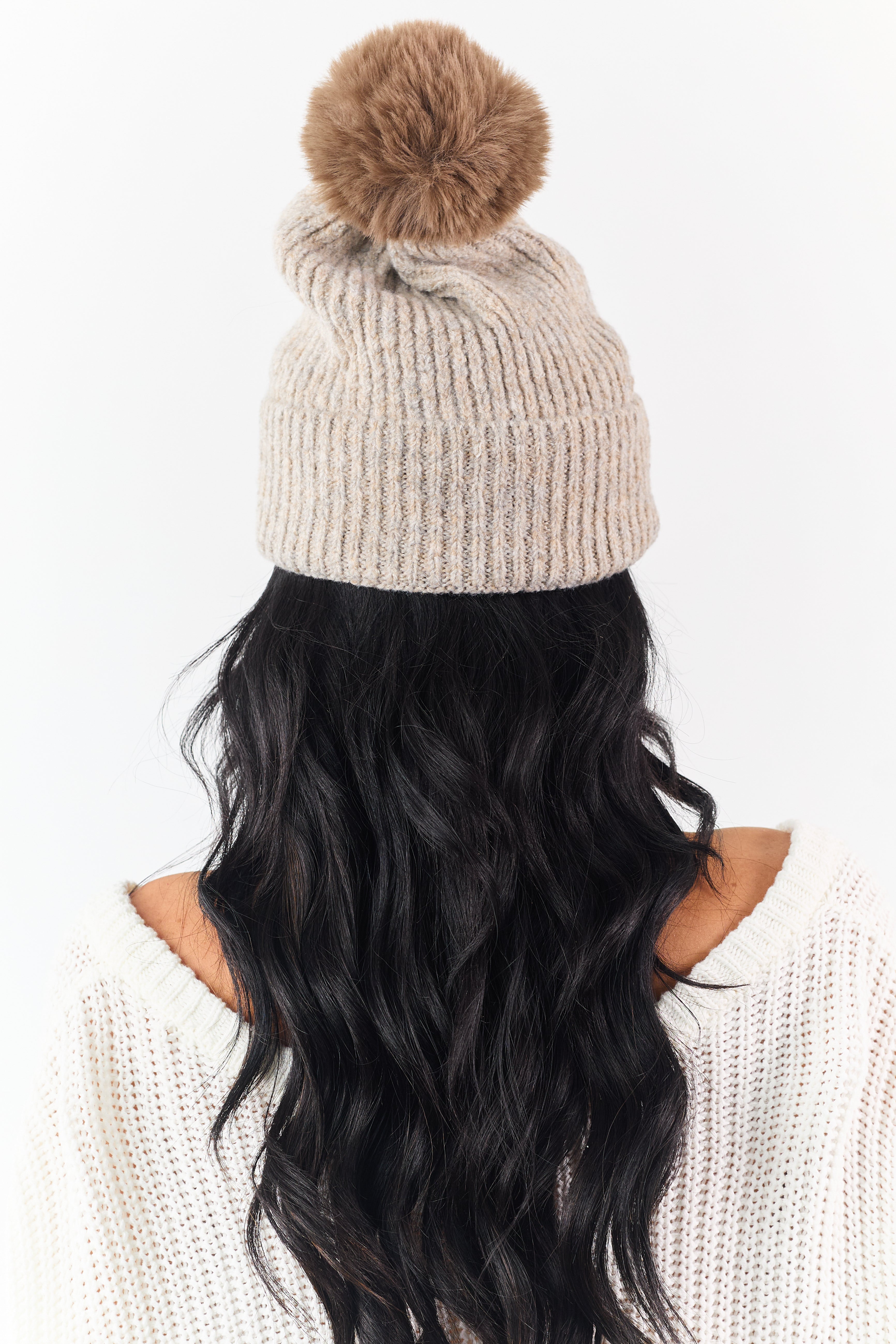 Oatmeal Faux Fur Pom Pom Ribbed Knit Beanie