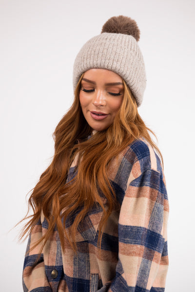 Oatmeal Faux Fur Pom Pom Ribbed Knit Beanie
