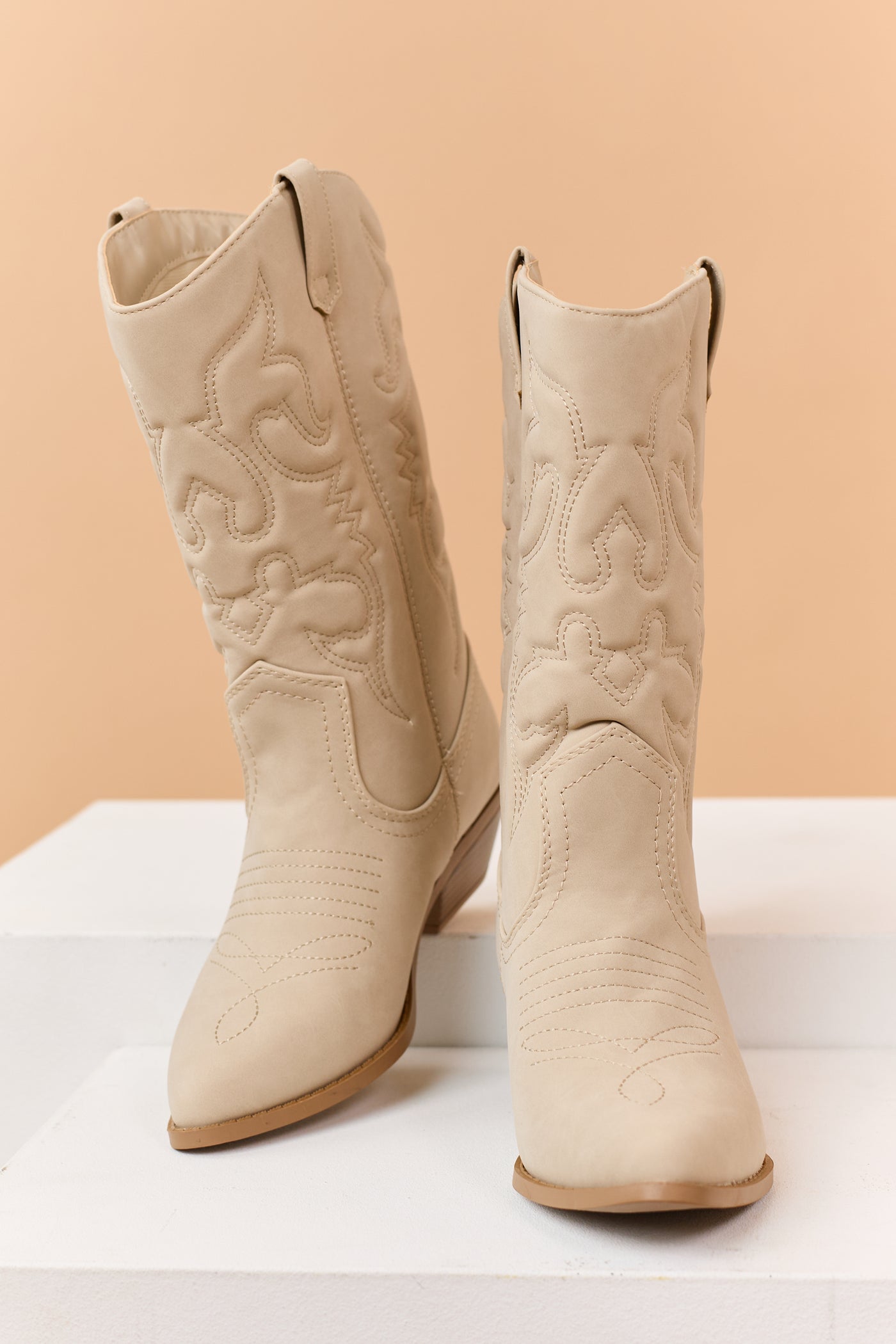 Oatmeal Faux Suede Pointed Toe Western Boots