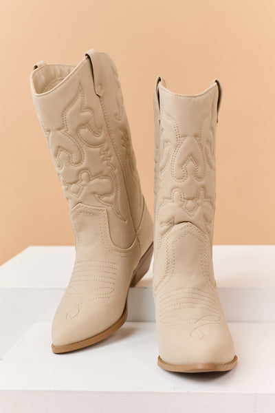 Oatmeal Faux Suede Pointed Toe Western Boots