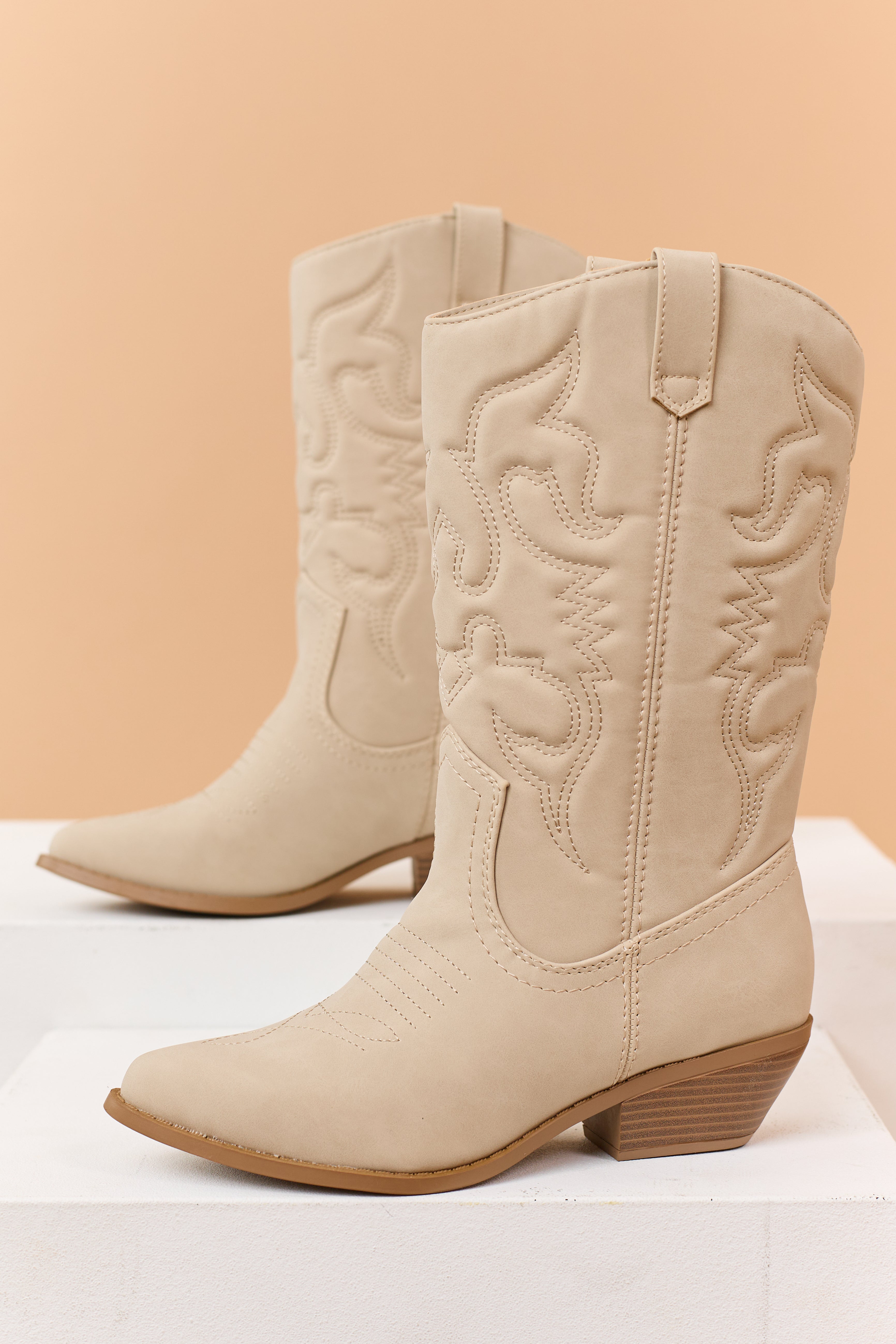 Oatmeal Faux Suede Pointed Toe Western Boots
