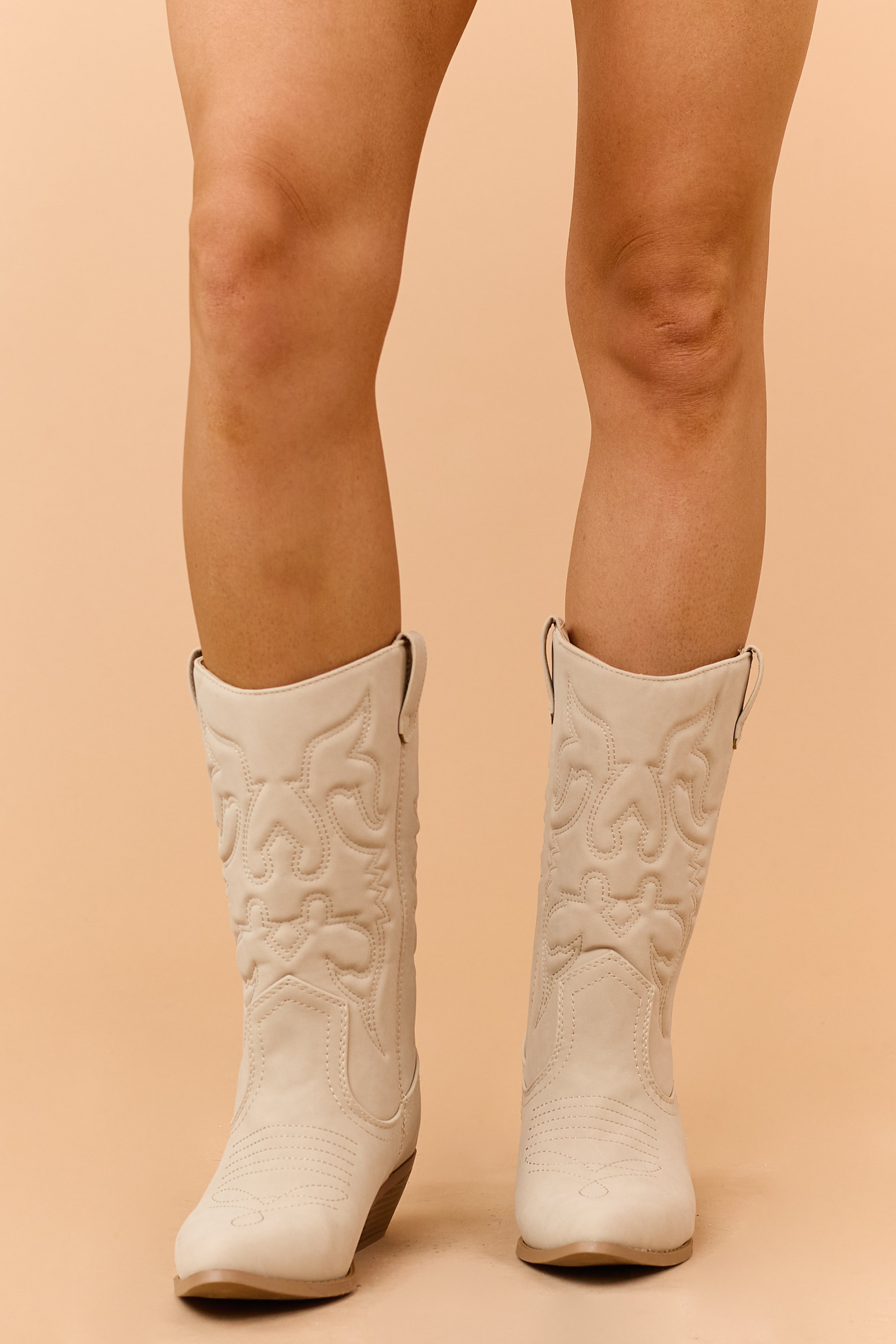 Oatmeal Faux Suede Pointed Toe Western Boots