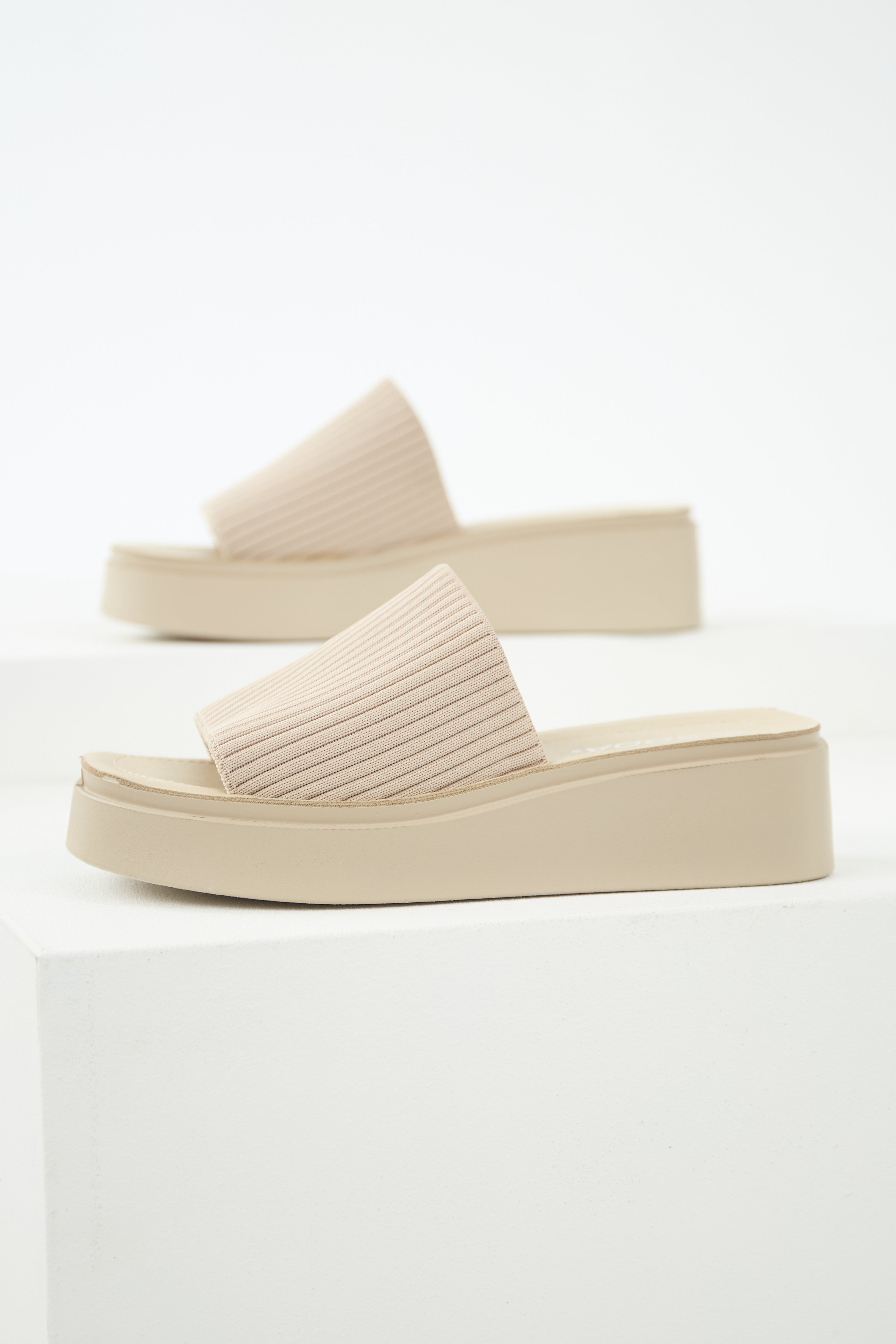 Oatmeal Wide Strap Slip On Platform Sandals