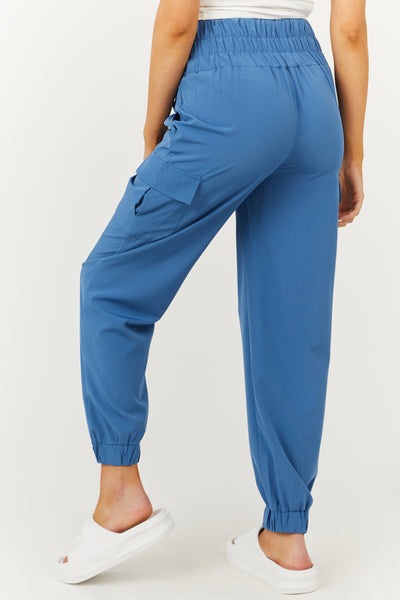 Ocean Blue Thick Elastic Waist Cargo Joggers