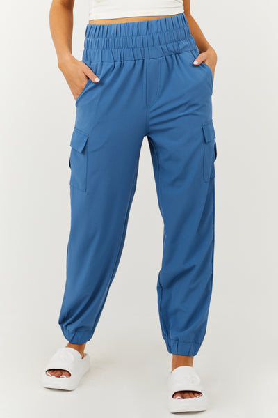 Ocean Blue Thick Elastic Waist Cargo Joggers