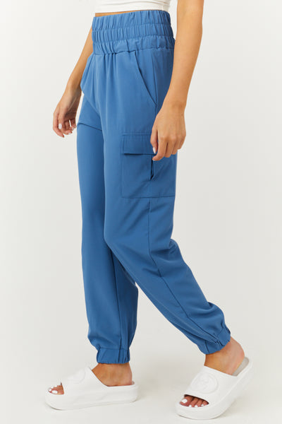Ocean Blue Thick Elastic Waist Cargo Joggers
