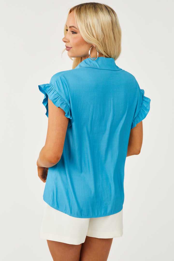 Ocean Button Down Ruffle Sleeve Woven Top