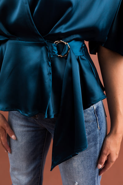 Ocean Flutter Sleeve Wrap Satin Blouse