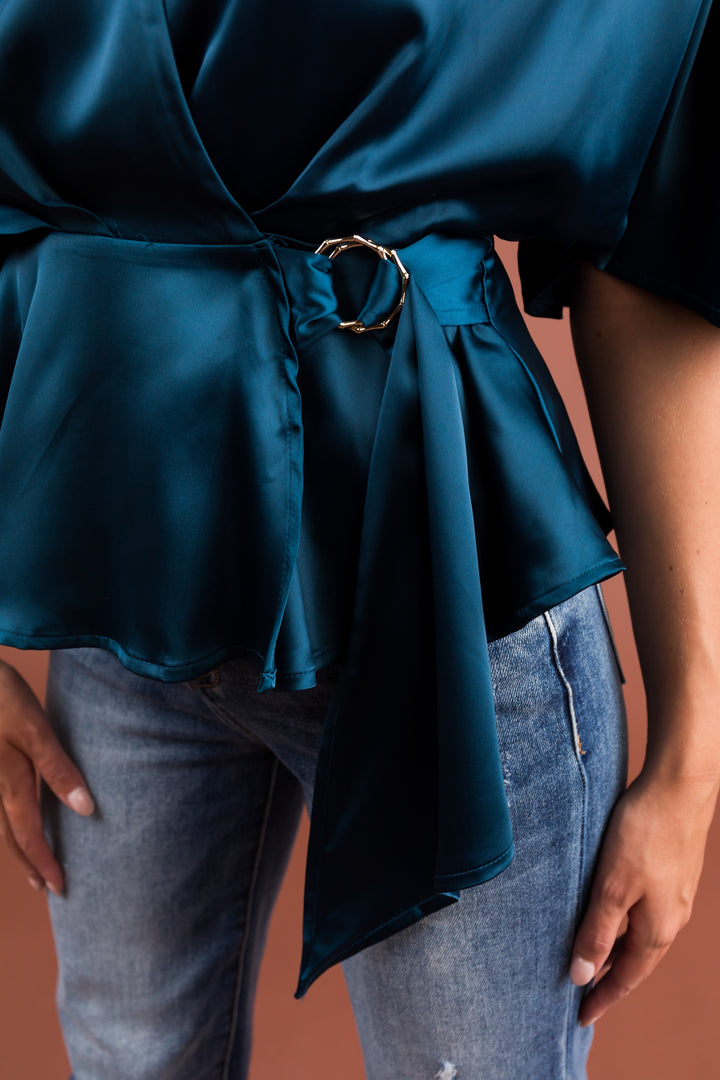 Ocean Flutter Sleeve Wrap Satin Blouse