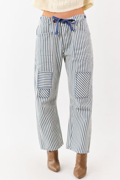 Ocean Striped Waist Tie Wide Patchwork Twill Pants