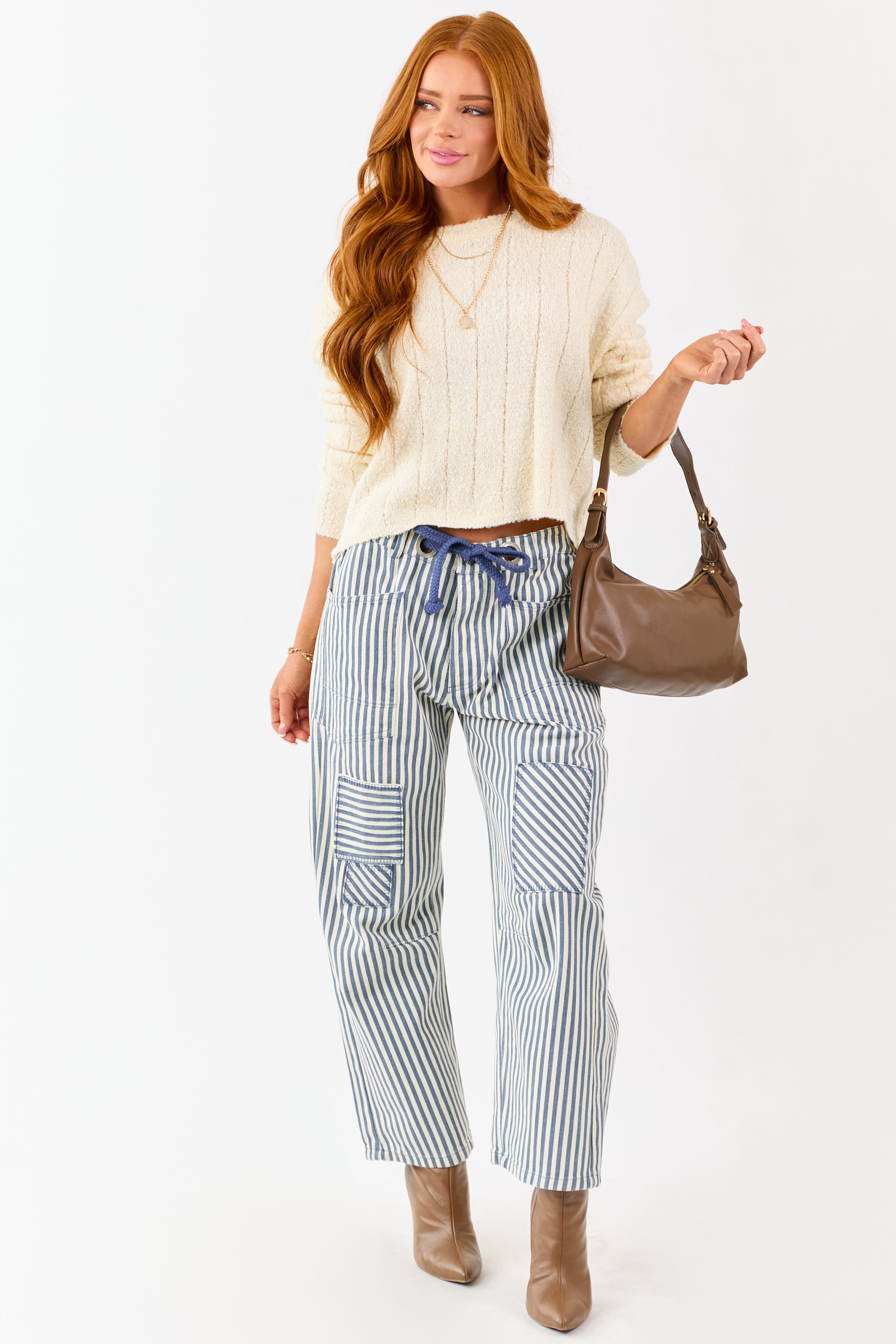 Ocean Striped Waist Tie Wide Patchwork Twill Pants | Lime Lush