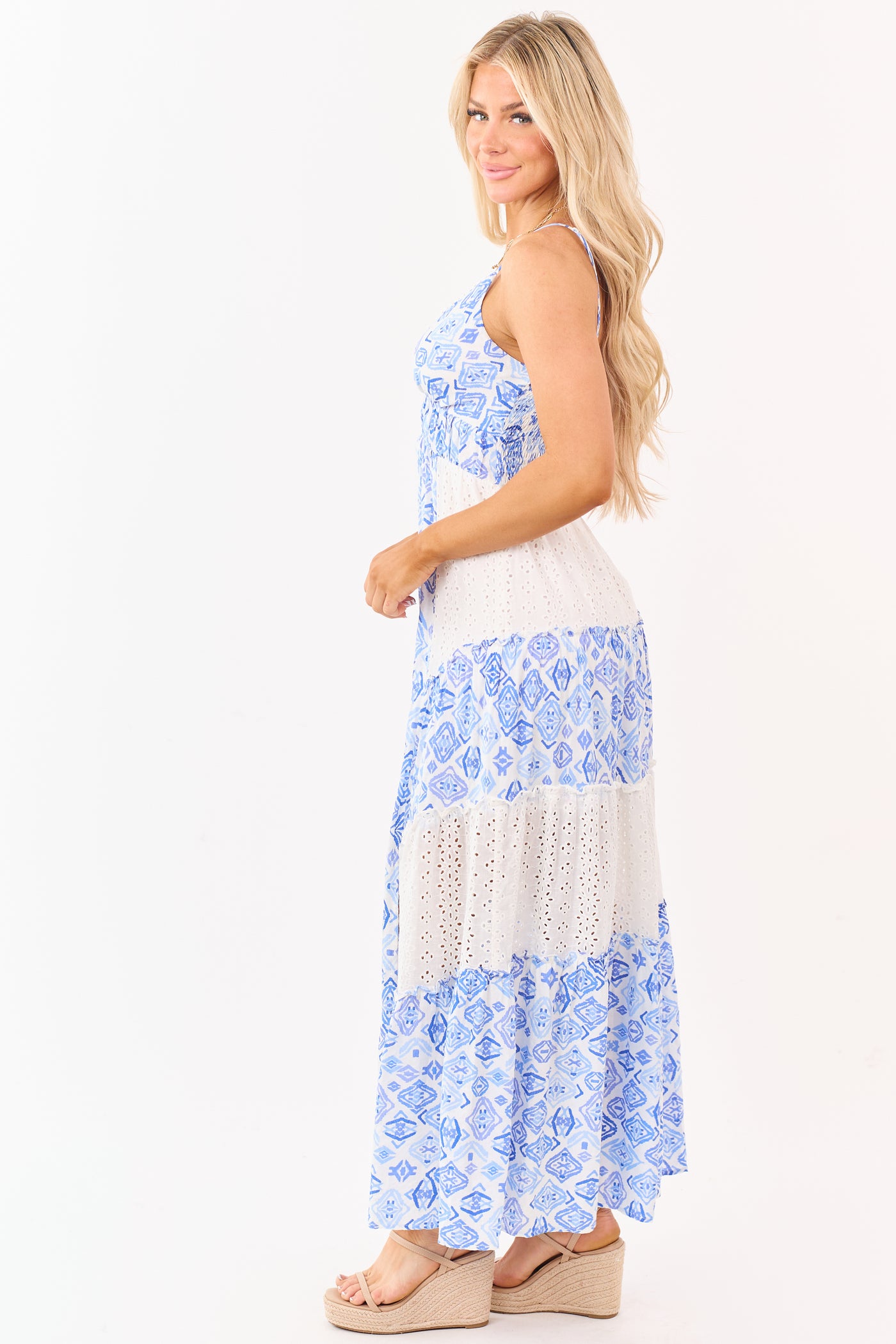 Off White Abstract Print Eyelet Lace Maxi Dress