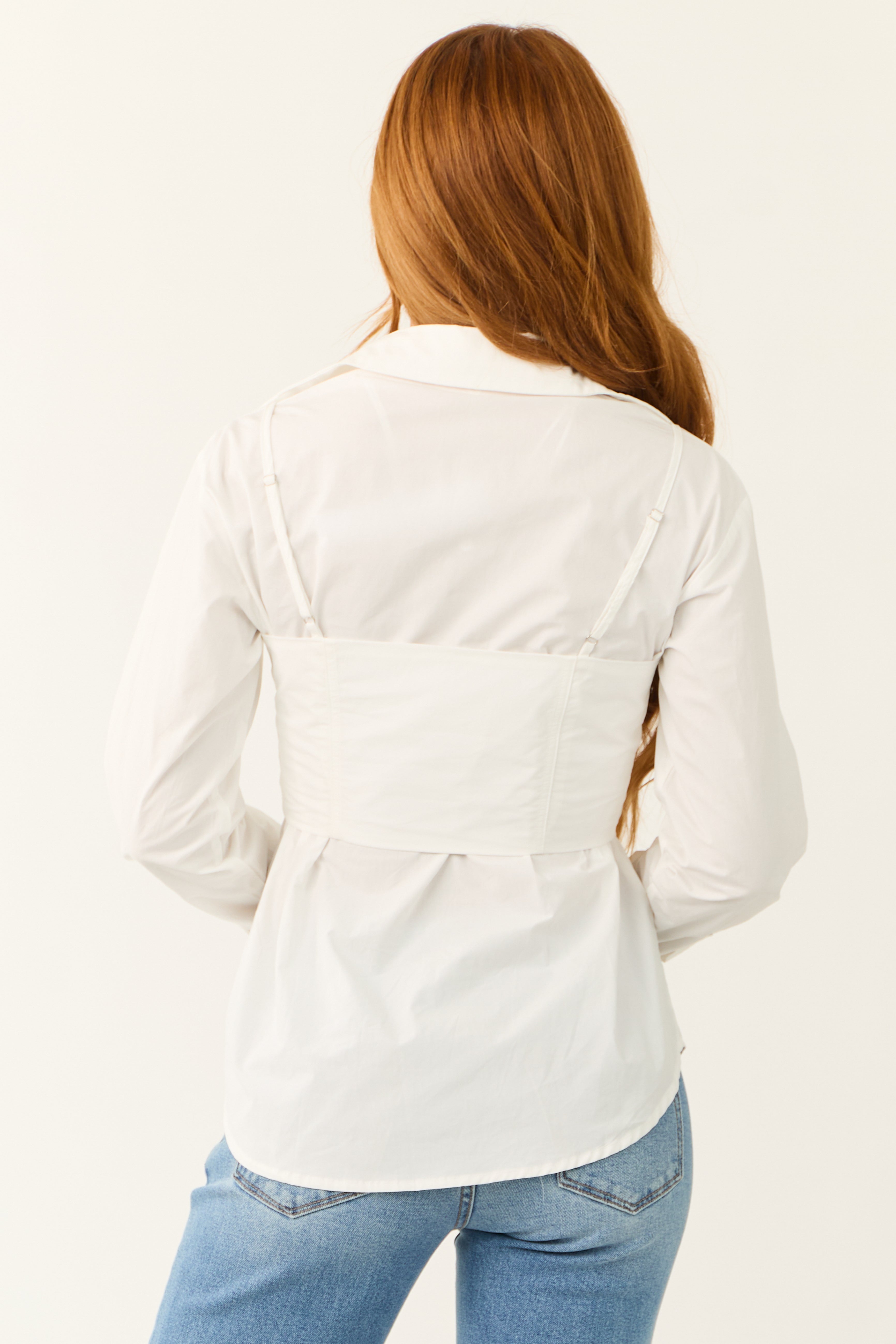 Off White Attached Corset Style Long Sleeve Top