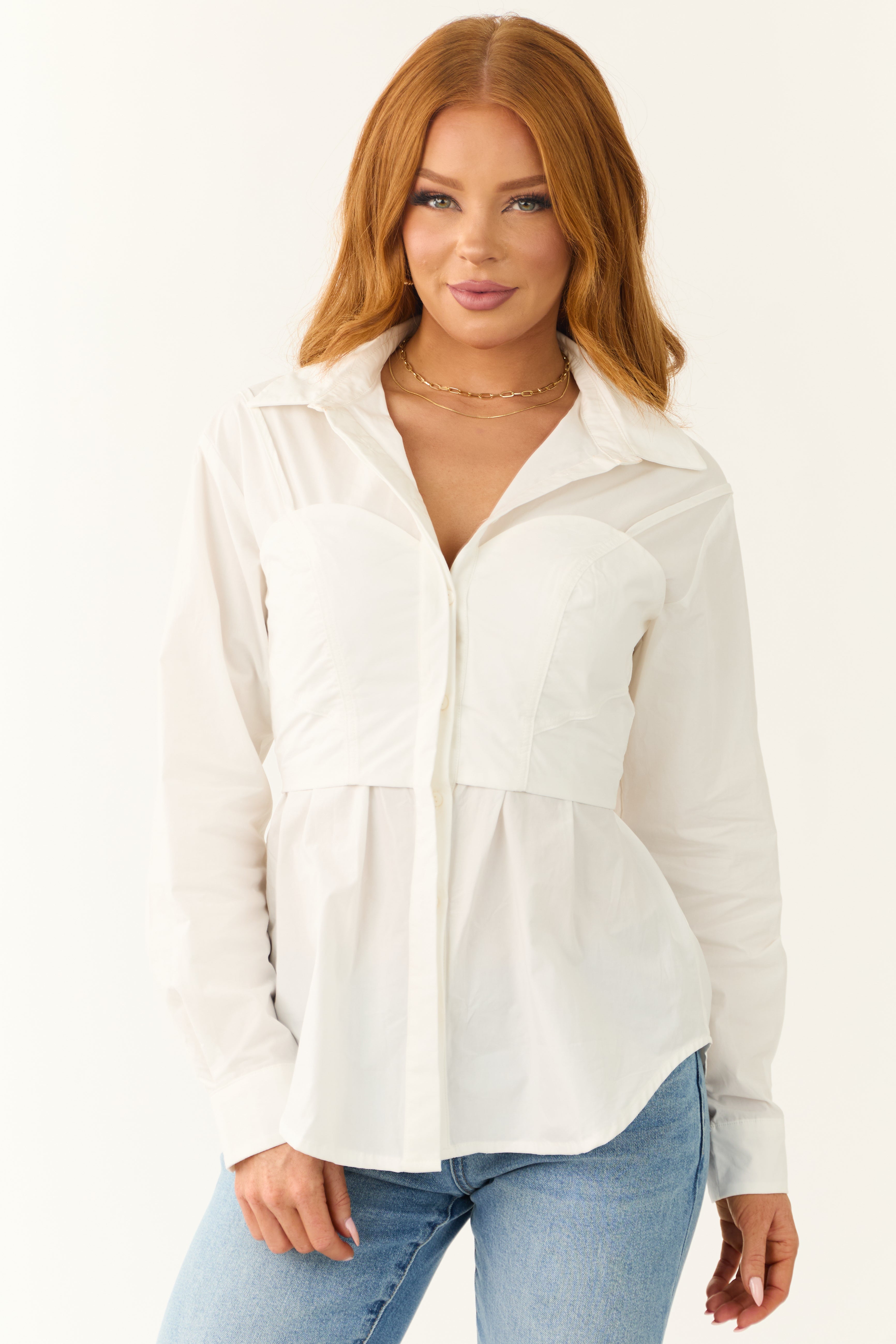 Off White Attached Corset Style Long Sleeve Top | Lime Lush Boutique