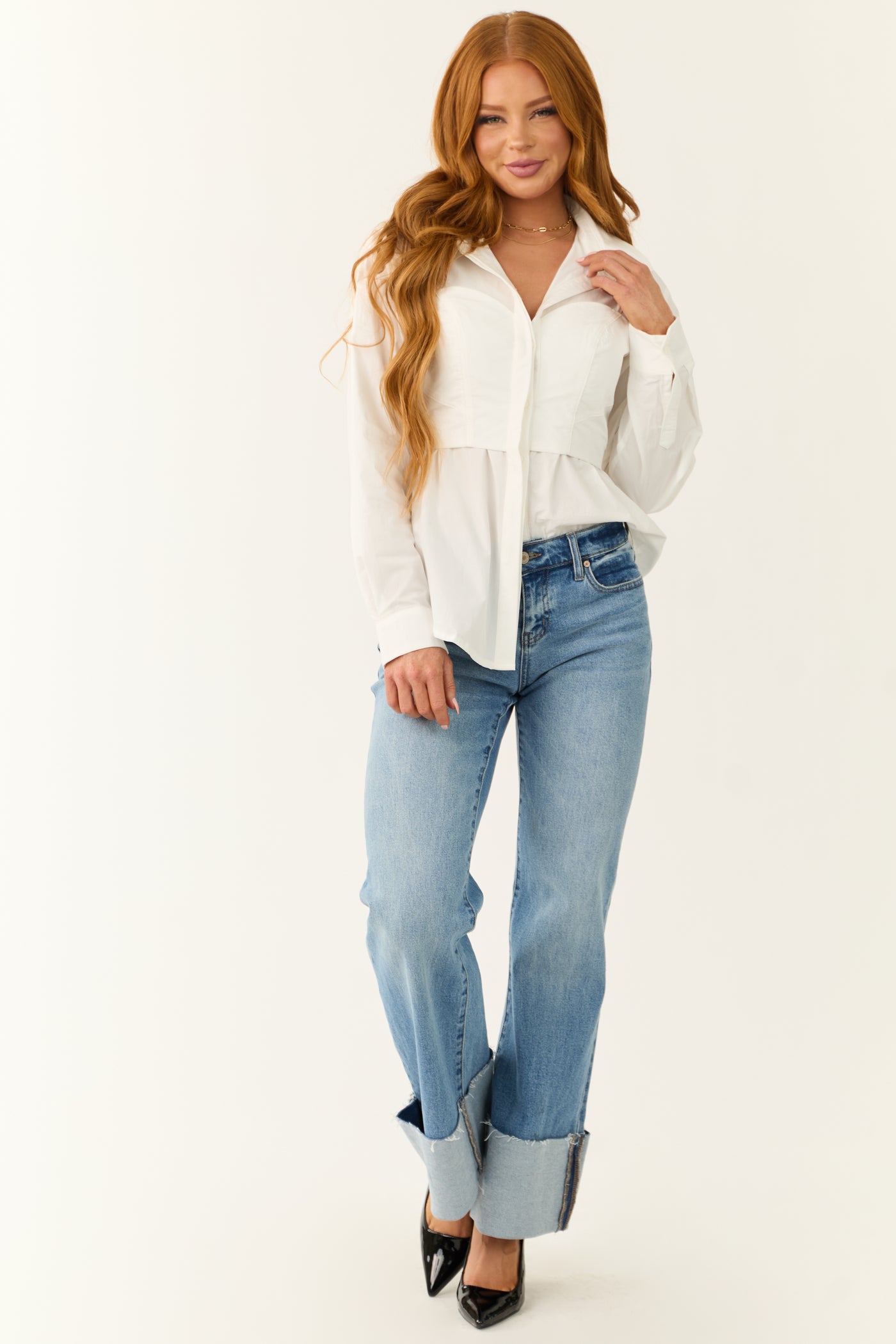 Off White Attached Corset Style Long Sleeve Top