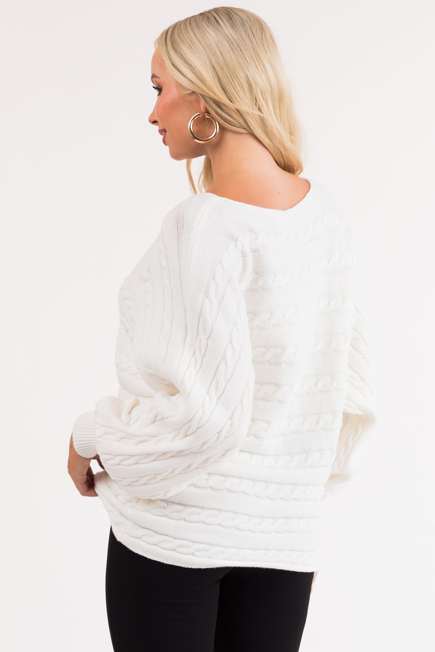 Off White Boat Neckline Soft Cable Knit Sweater
