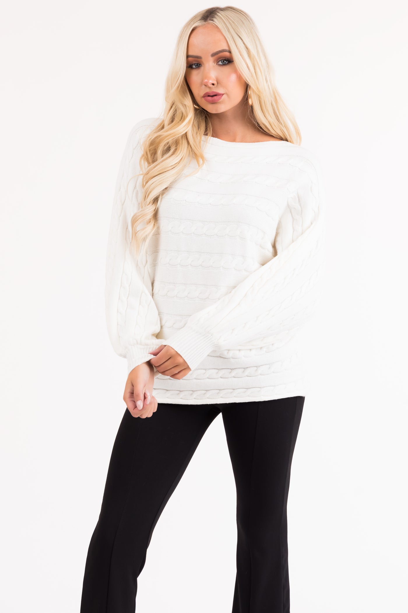 Off White Boat Neckline Soft Cable Knit Sweater