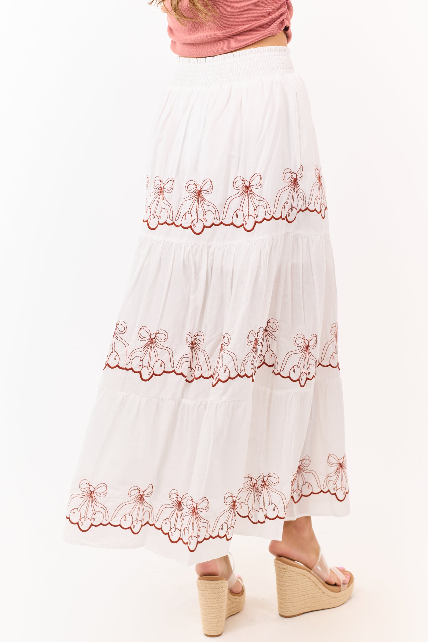Off White Bow Cherry Pattern Cotton Maxi Skirt
