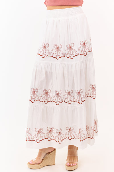 Off White Bow Cherry Pattern Cotton Maxi Skirt