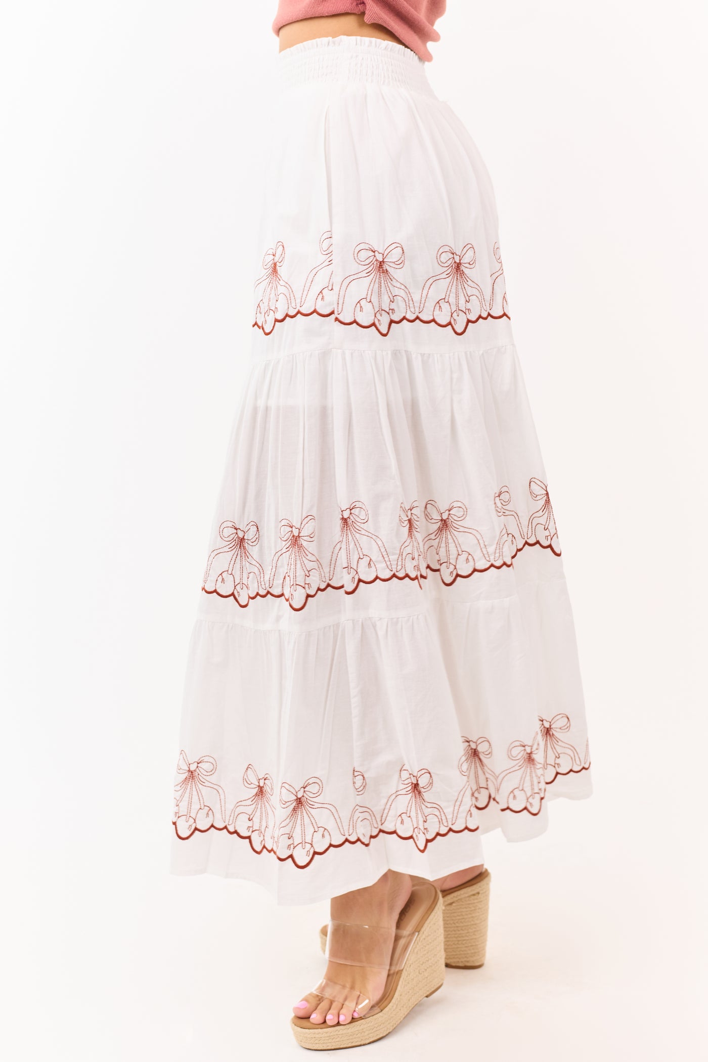 Off White Bow Cherry Pattern Cotton Maxi Skirt
