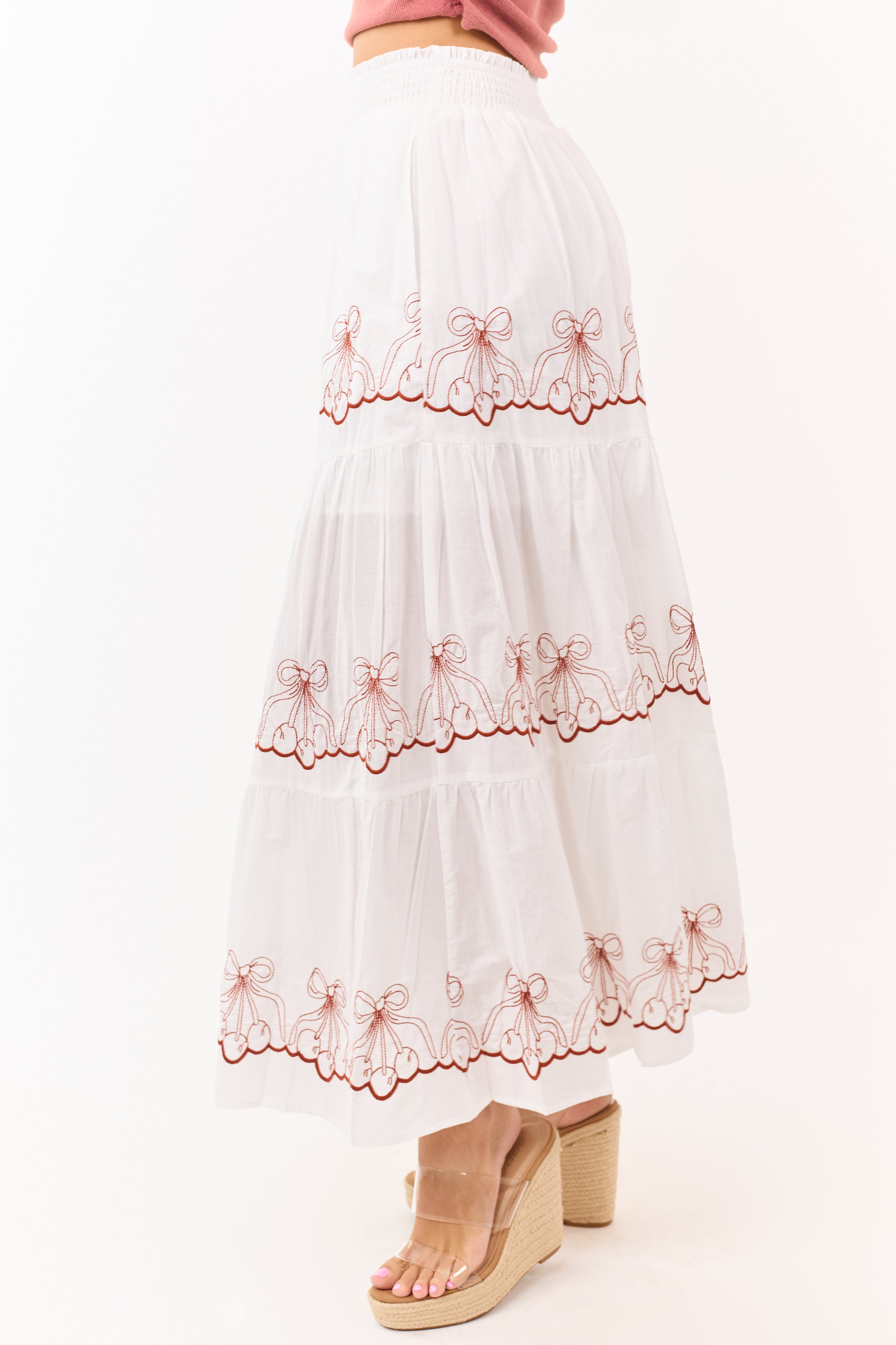 Off White Bow Cherry Pattern Cotton Maxi Skirt