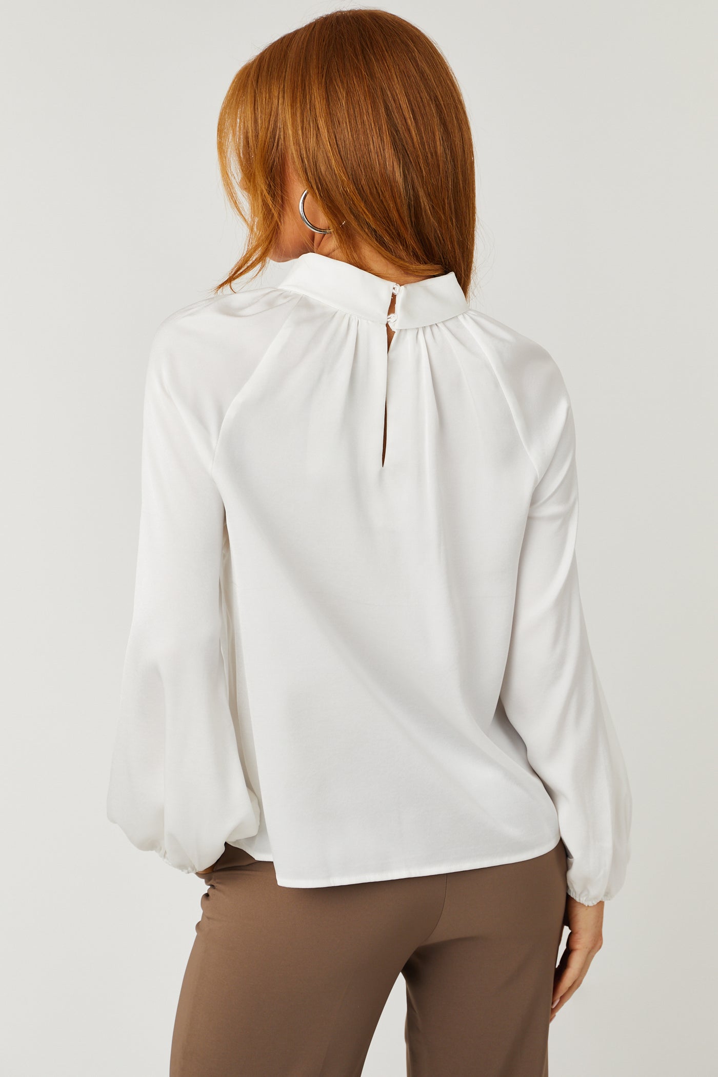 Off White Bubble Sleeve High Neck Satin Blouse