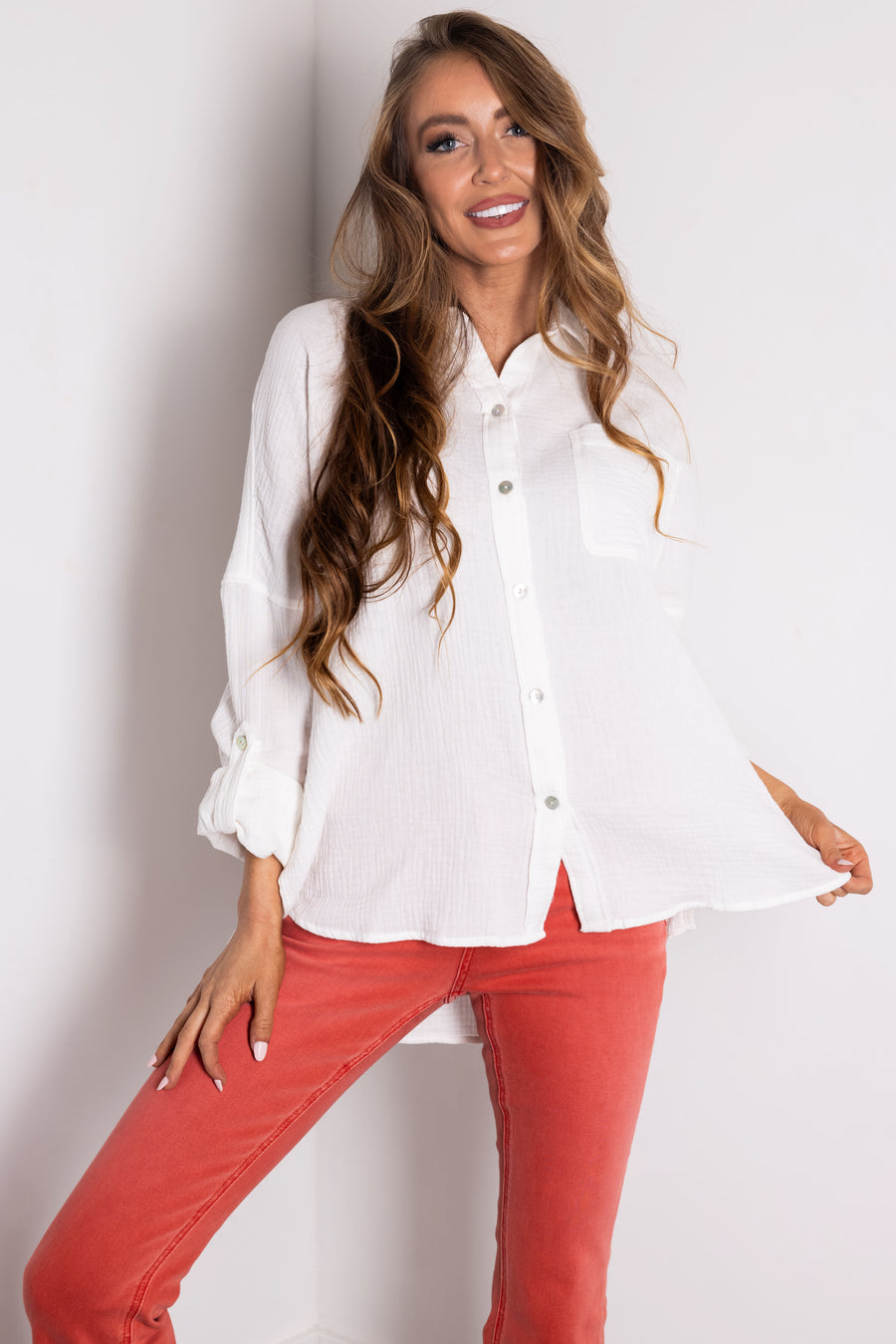 Off White Button Down Collared Long Sleeve Top