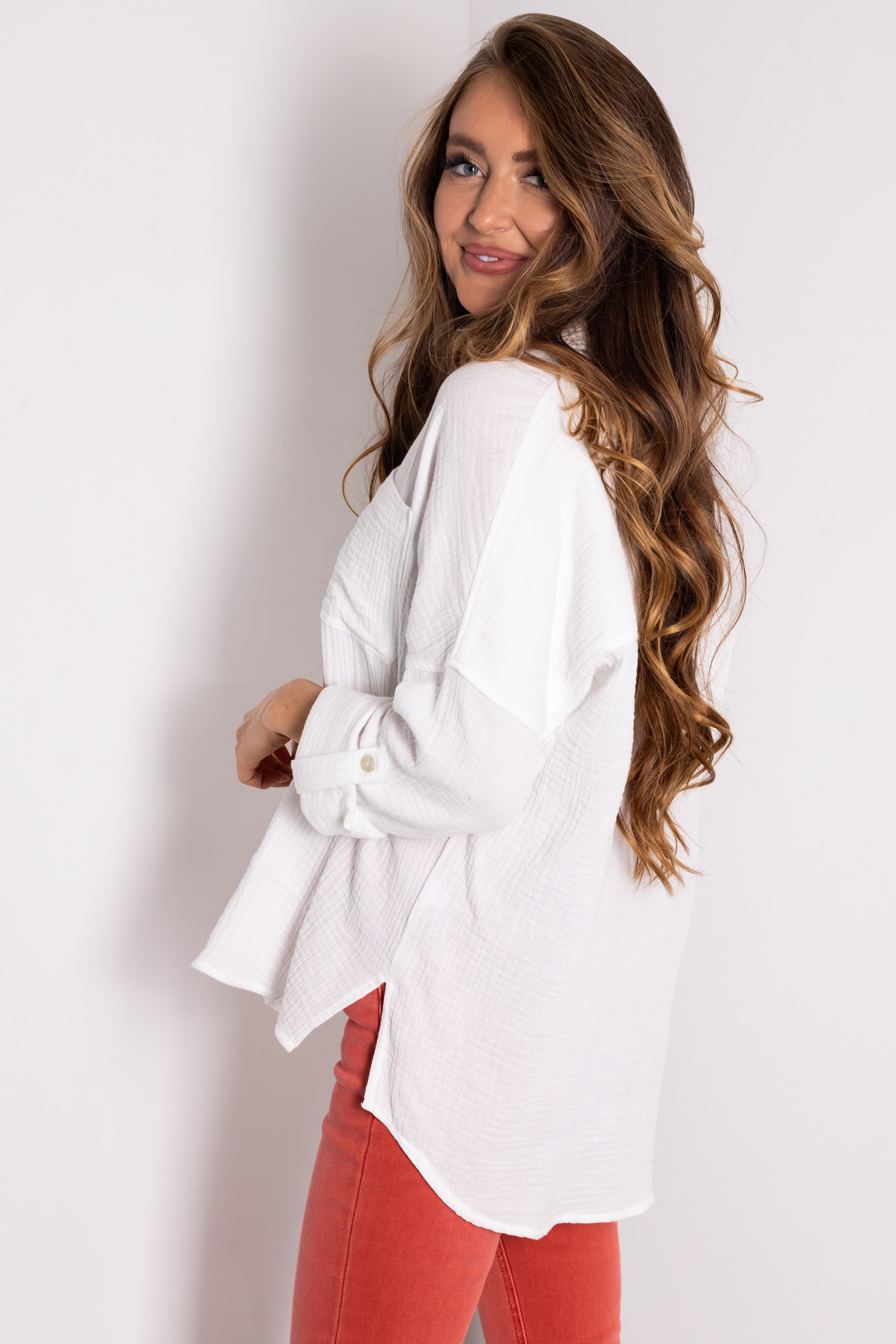 Off White Button Down Collared Long Sleeve Top