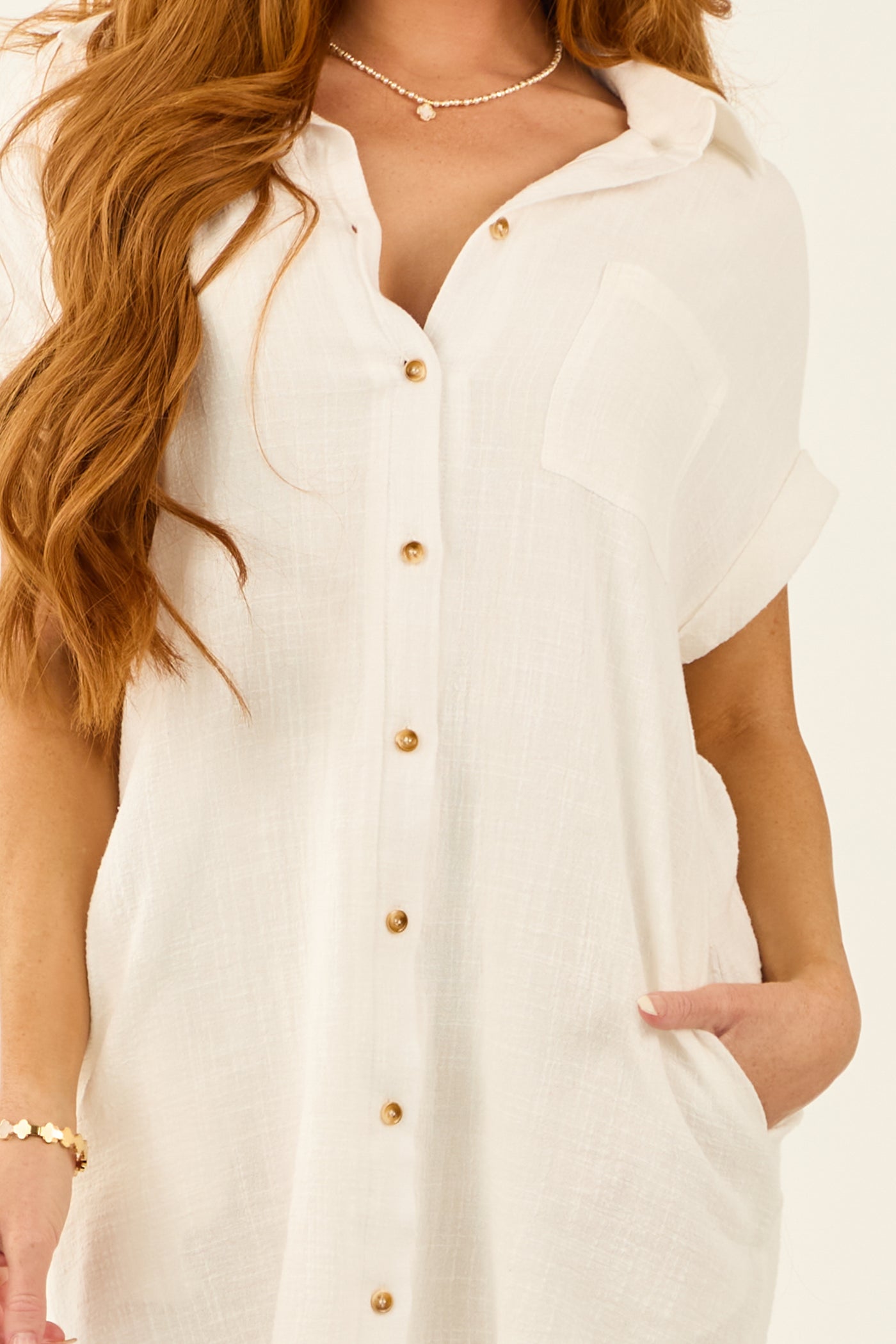 Off White Button Down Cotton Gauze Shirt Dress