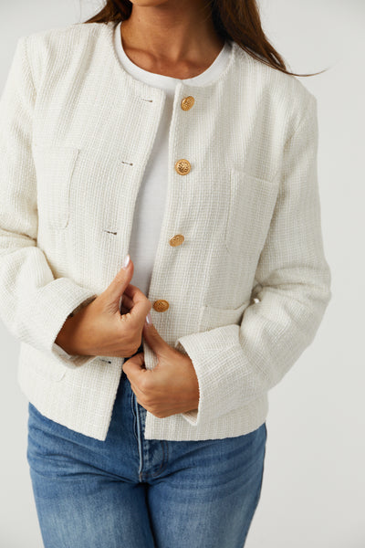 Off White Buttoned Tweed Jacket with Pockets