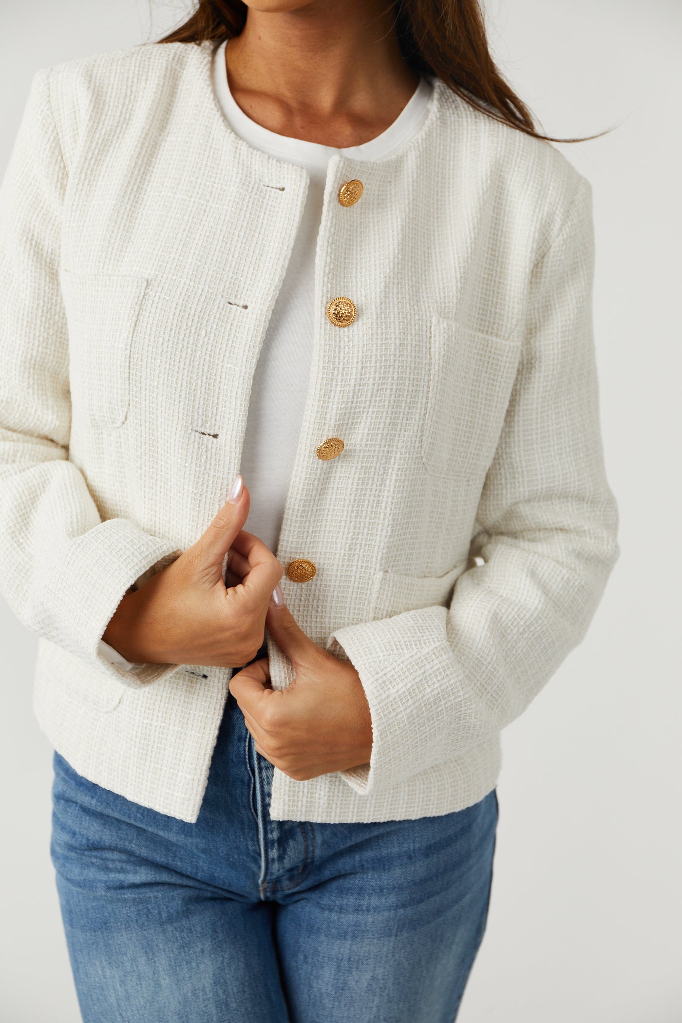 Off White Buttoned Tweed Jacket with Pockets