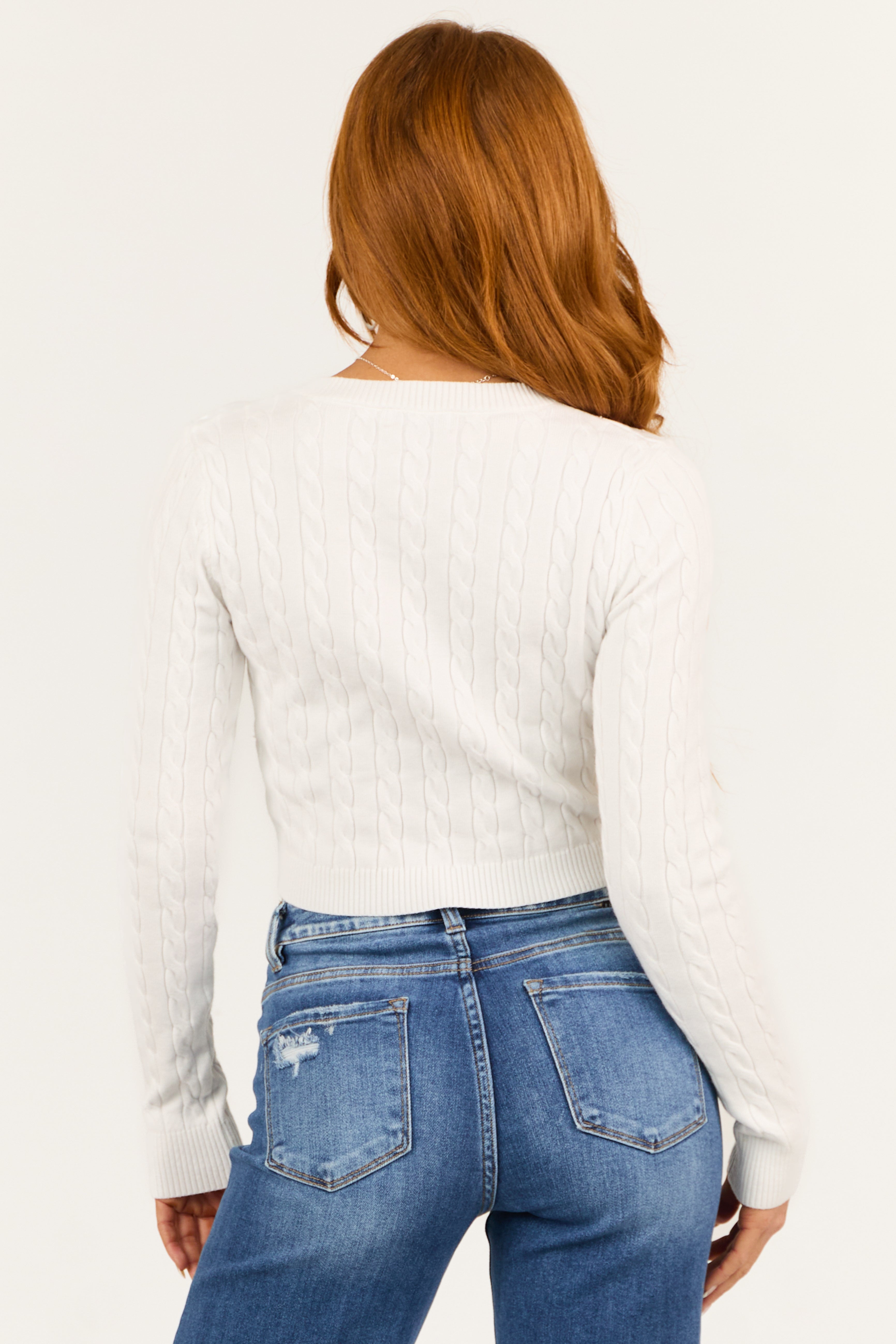 Off White Cable Knit Cropped V Neck Sweater | Lime Lush Boutique