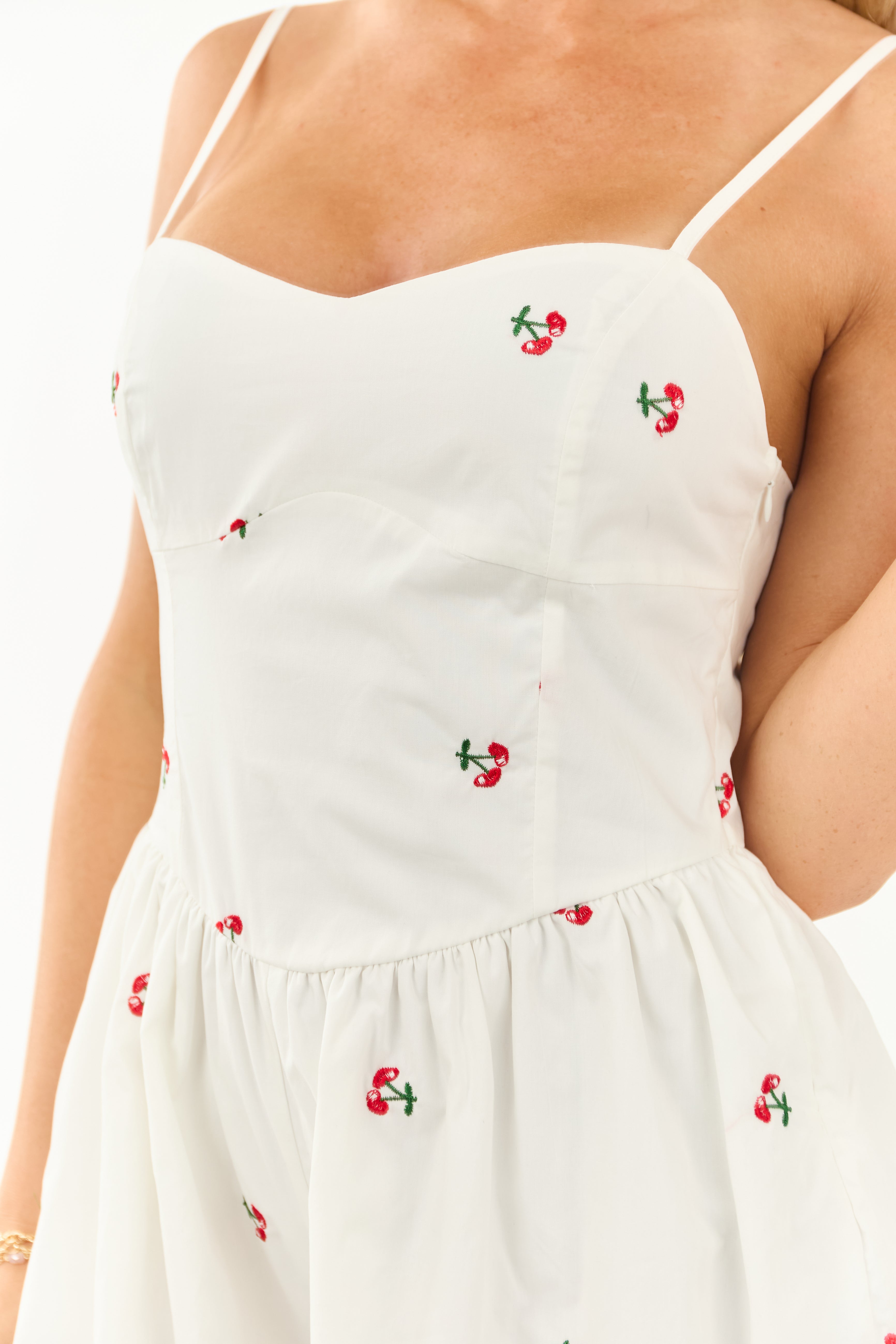 Off White Cherry Embroidered Cotton Cami Romper