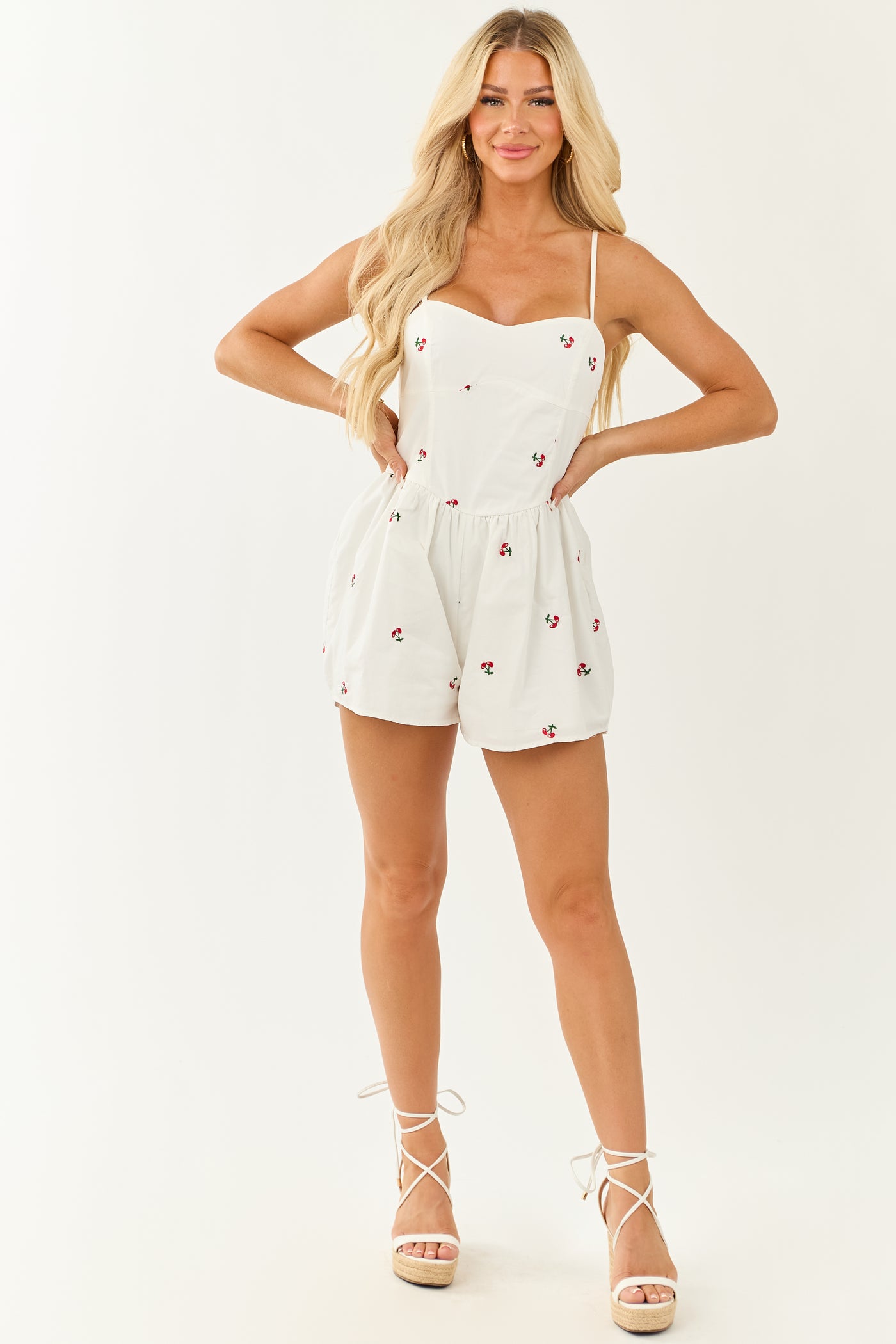Off White Cherry Embroidered Cotton Cami Romper