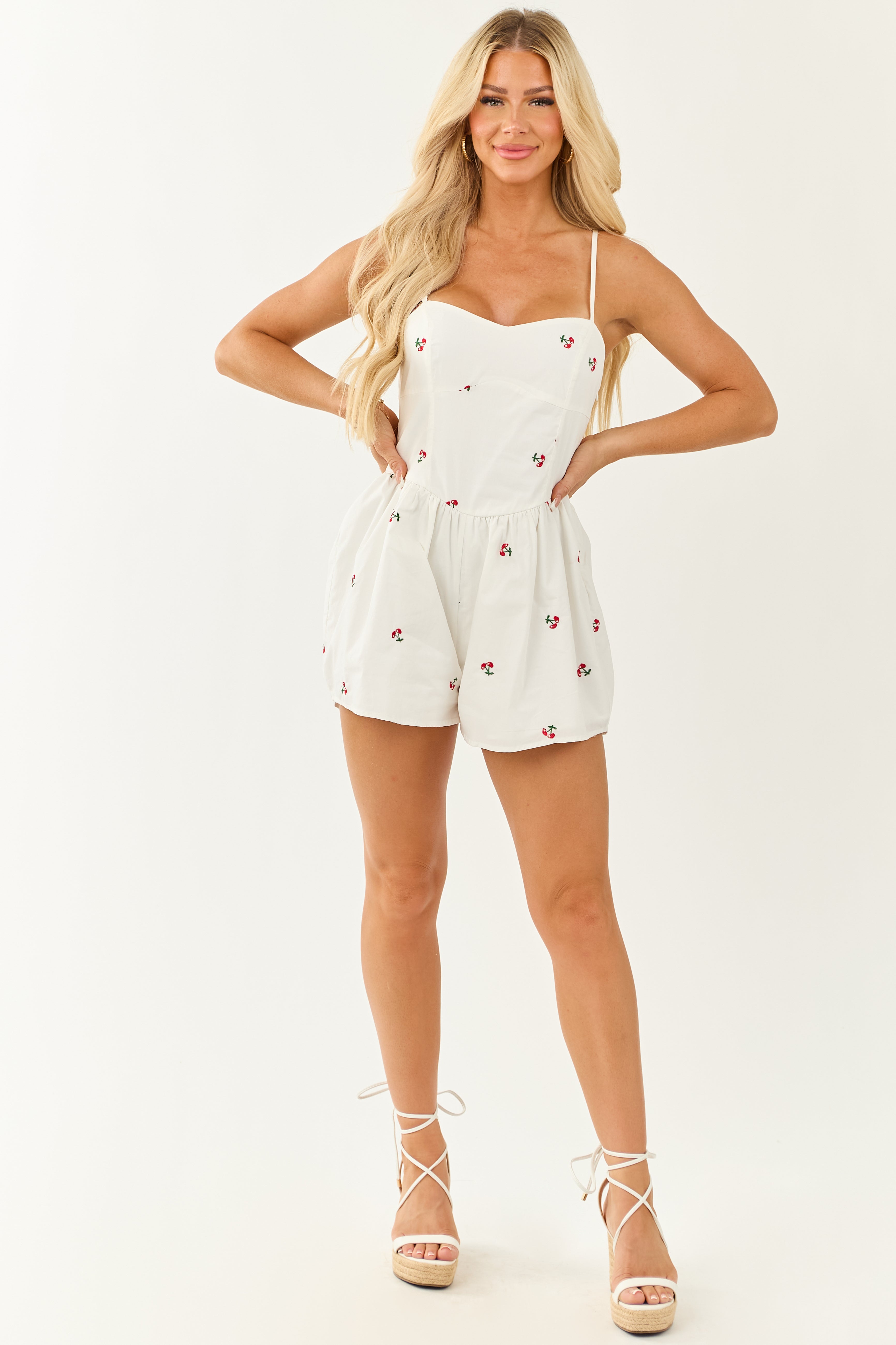 Off White Cherry Embroidered Cotton Cami Romper