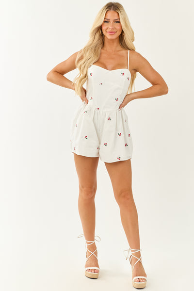 Off White Cherry Embroidered Cotton Cami Romper | Lime Lush Boutique