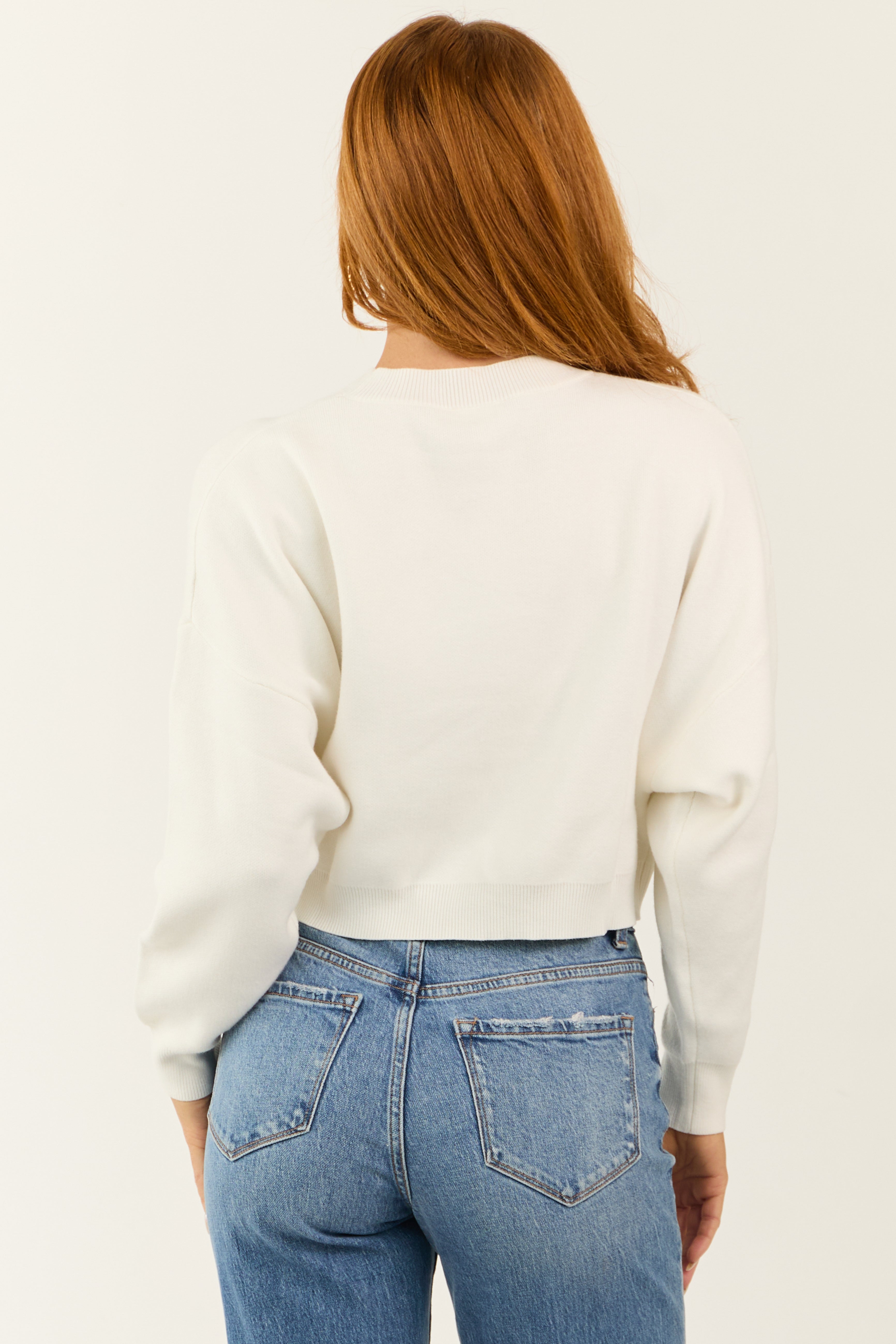 Off White Christmas Embroidery Cropped Fleece Sweater | Lime Lush