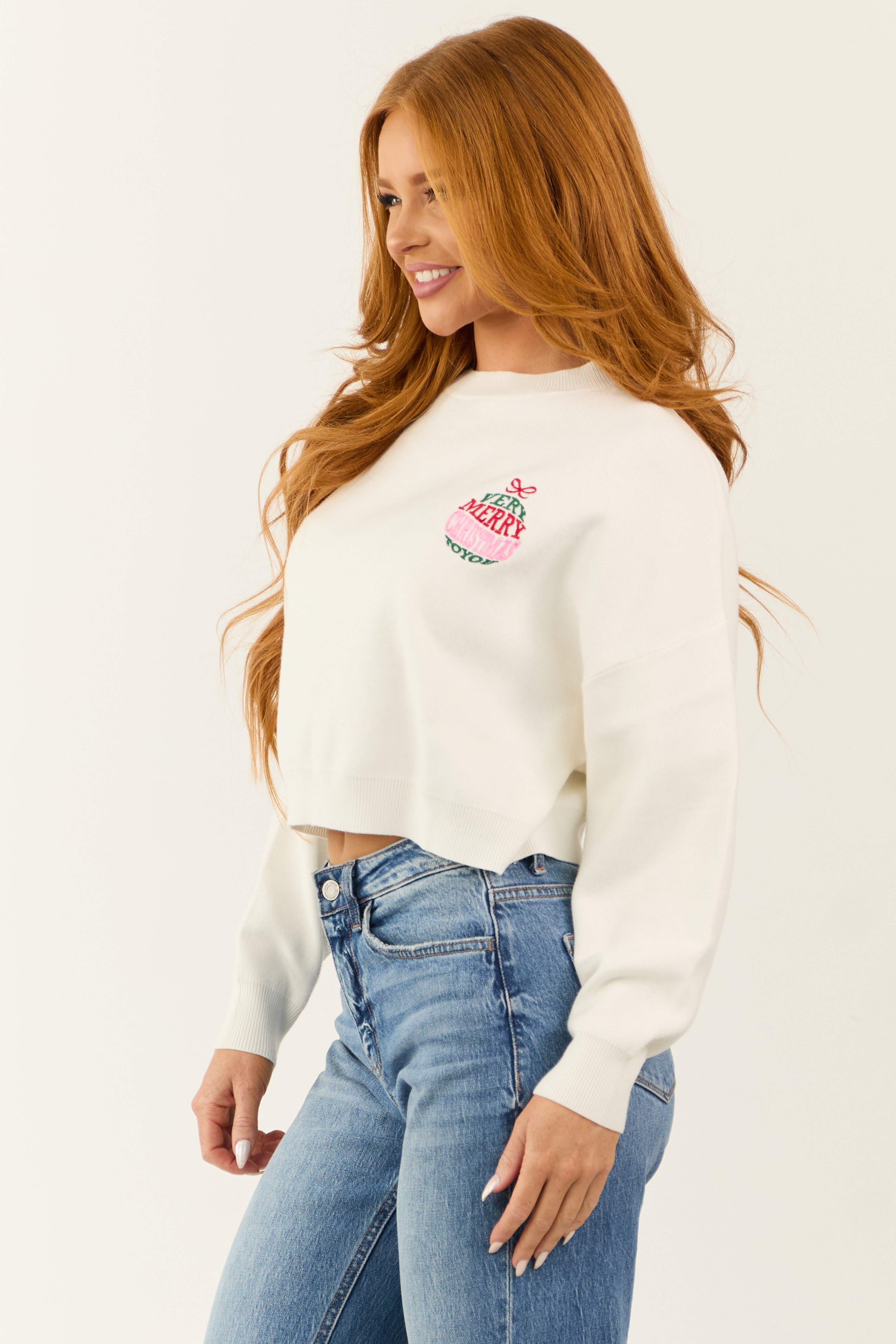 Off White Christmas Embroidery Cropped Fleece Sweater | Lime Lush