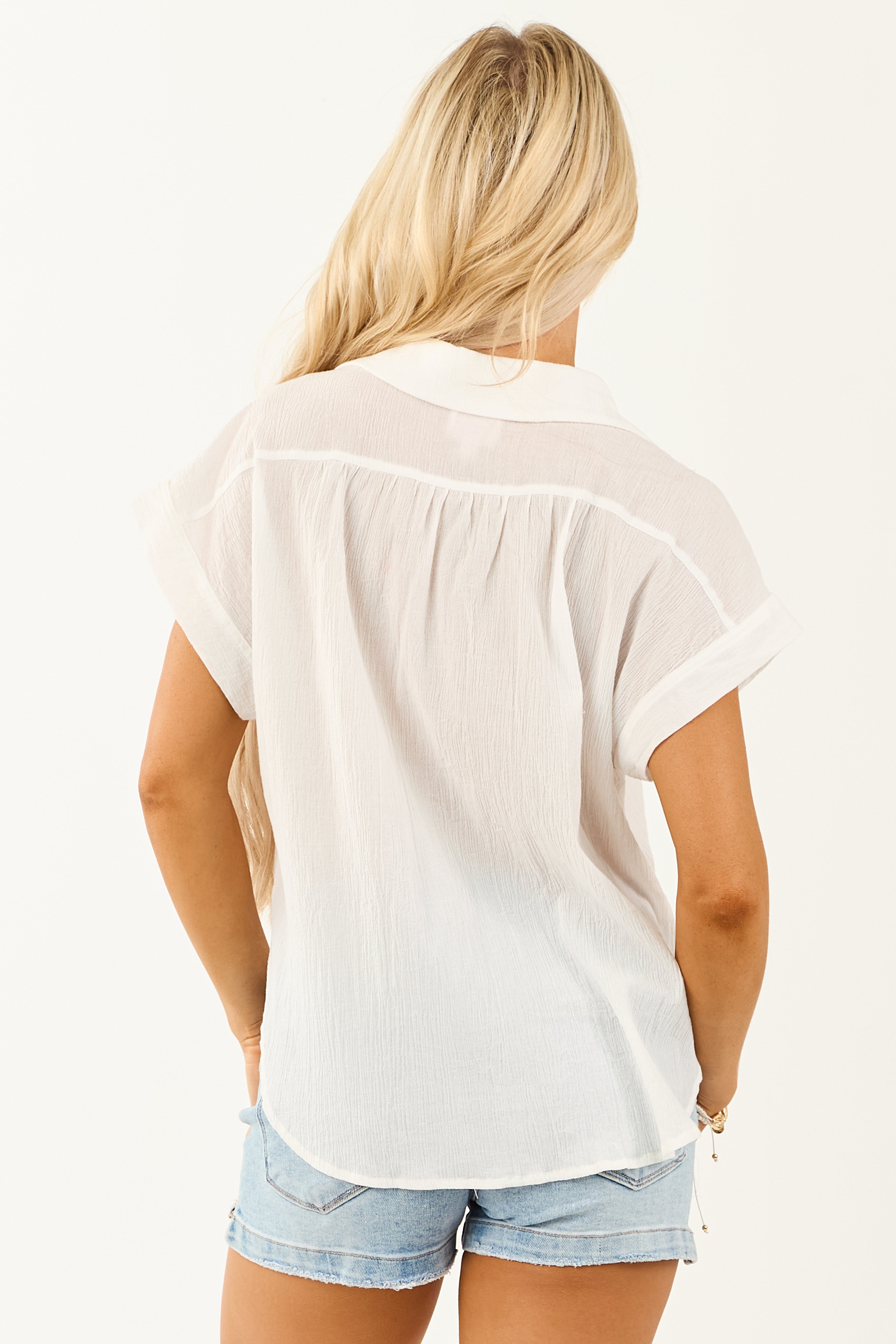 Off White Collared Cotton Dolman Sleeve Top