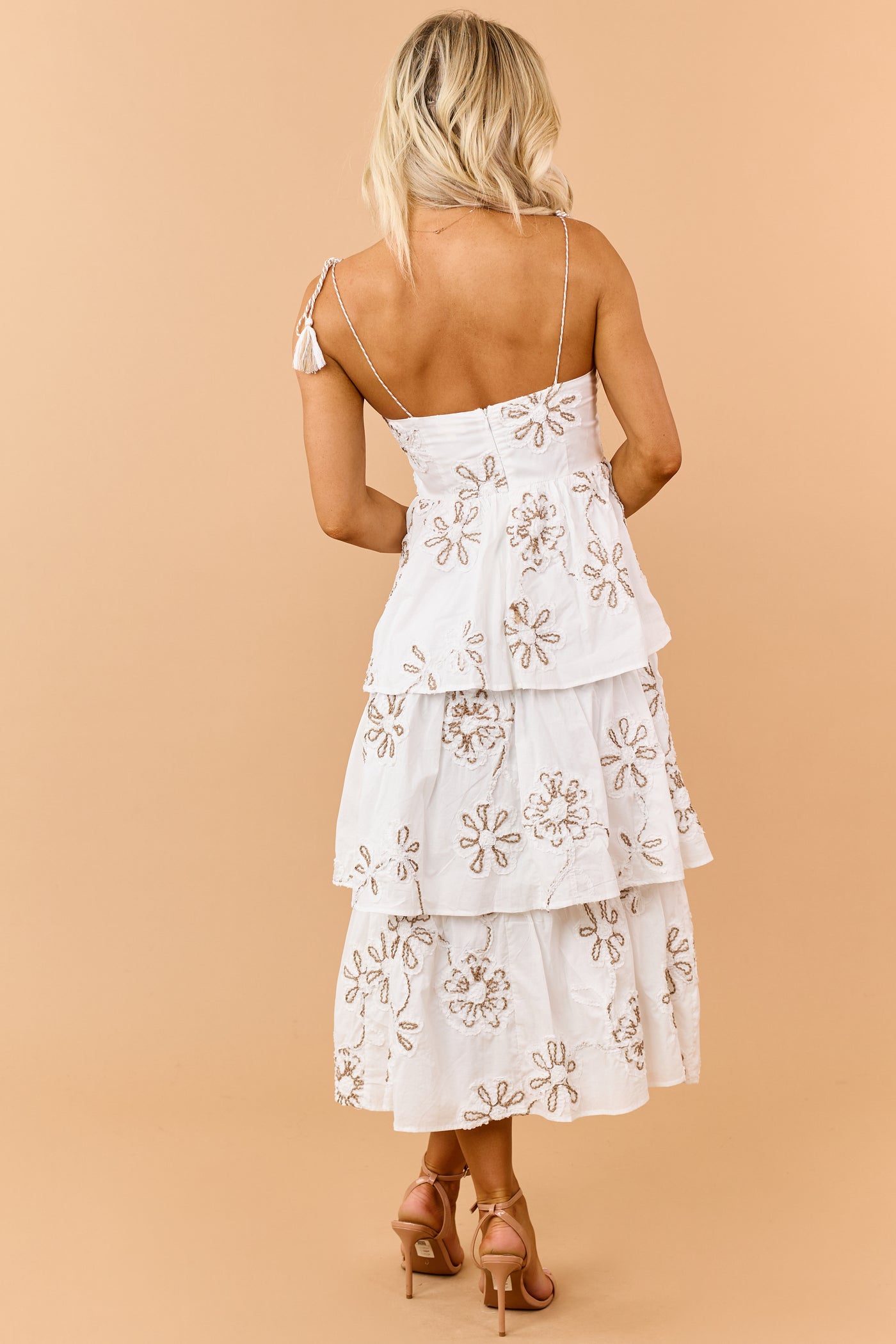 Off White Cotton 3D Floral Embroidered Midi Dress
