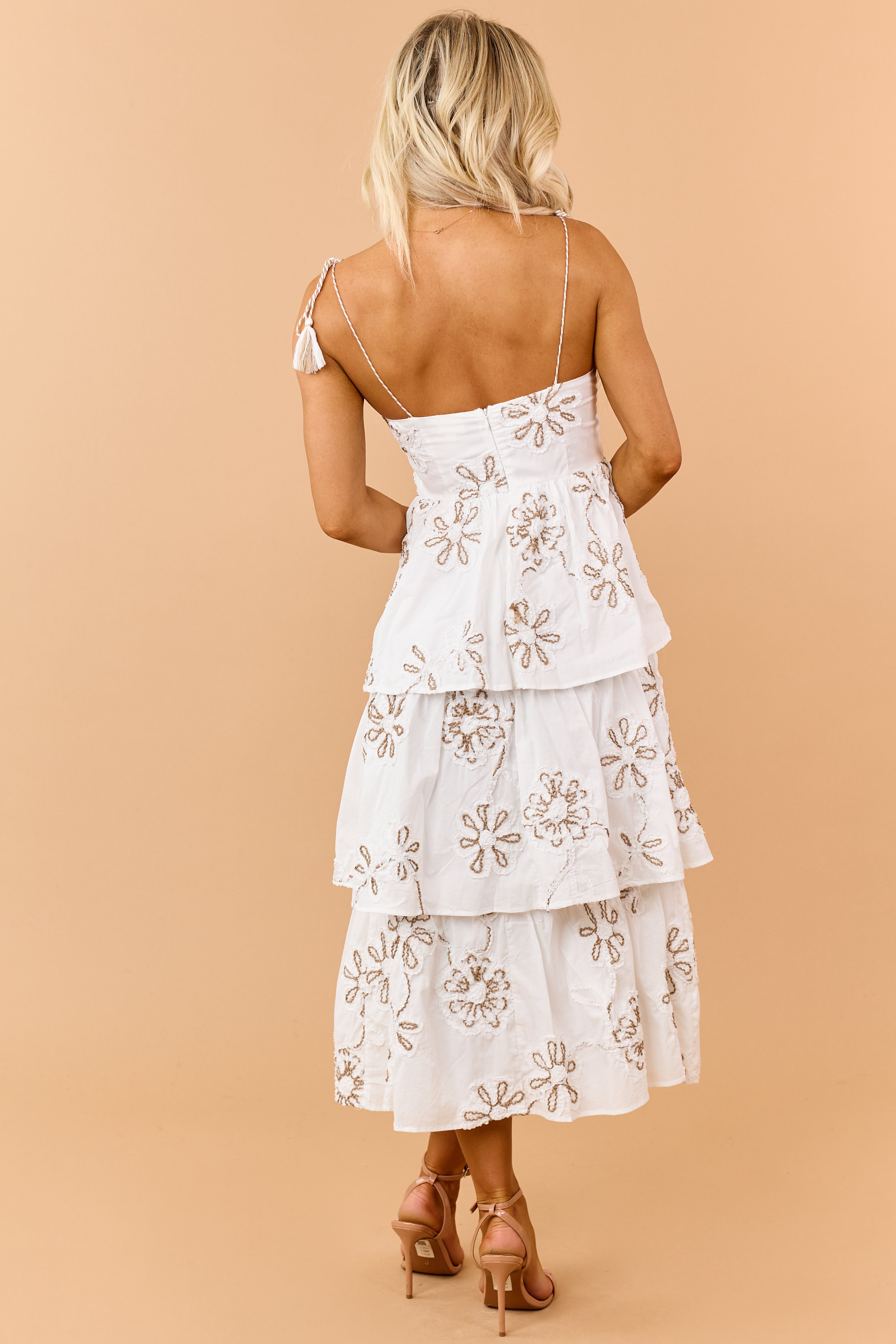 Off White Cotton 3D Floral Embroidered Midi Dress