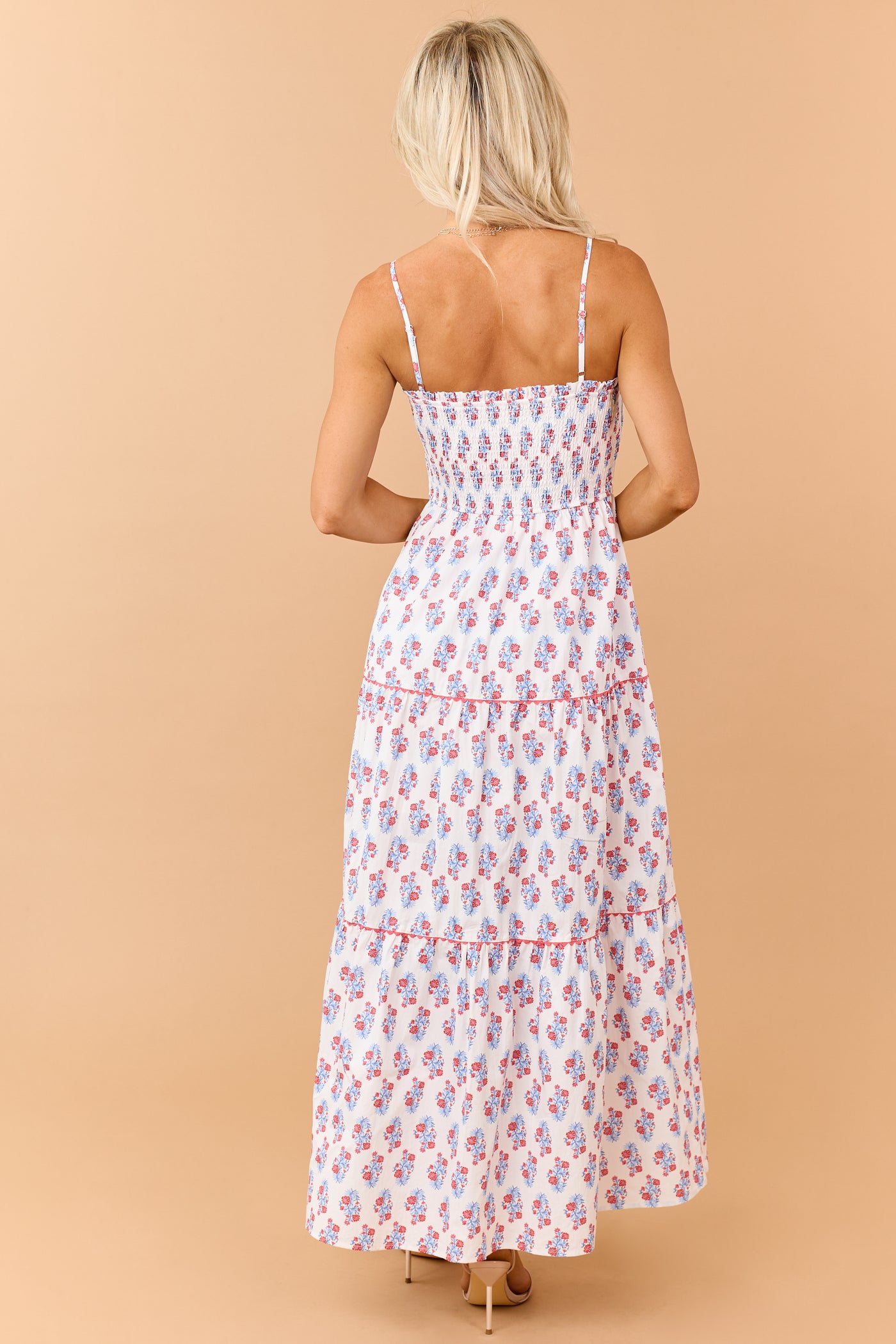 Off White Cotton Floral Print Tiered Maxi Dress