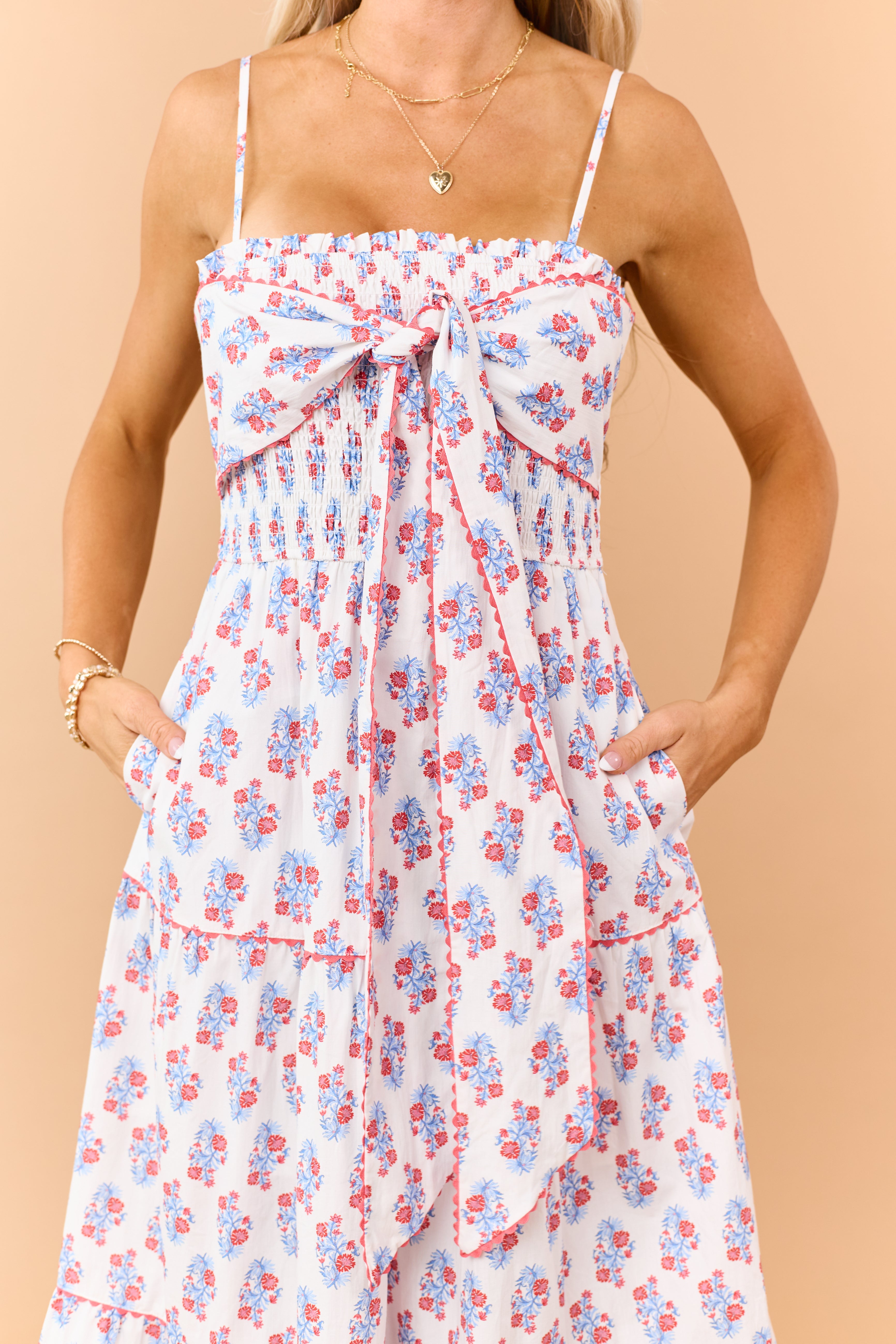 Off White Cotton Floral Print Tiered Maxi Dress