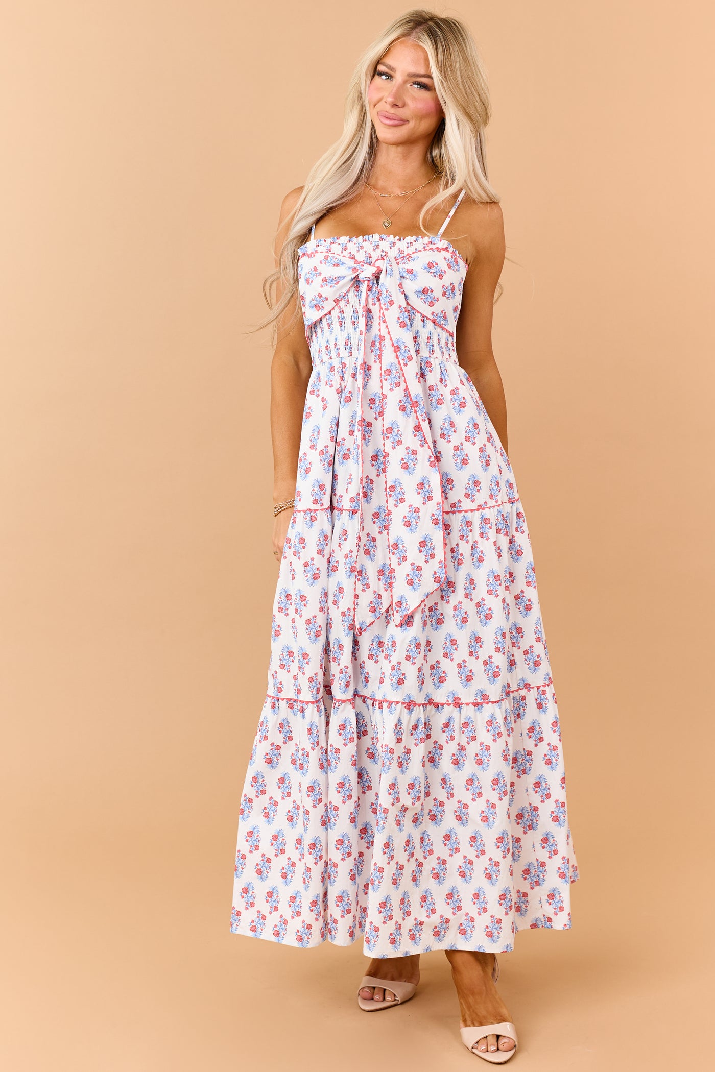 Off White Cotton Floral Print Tiered Maxi Dress