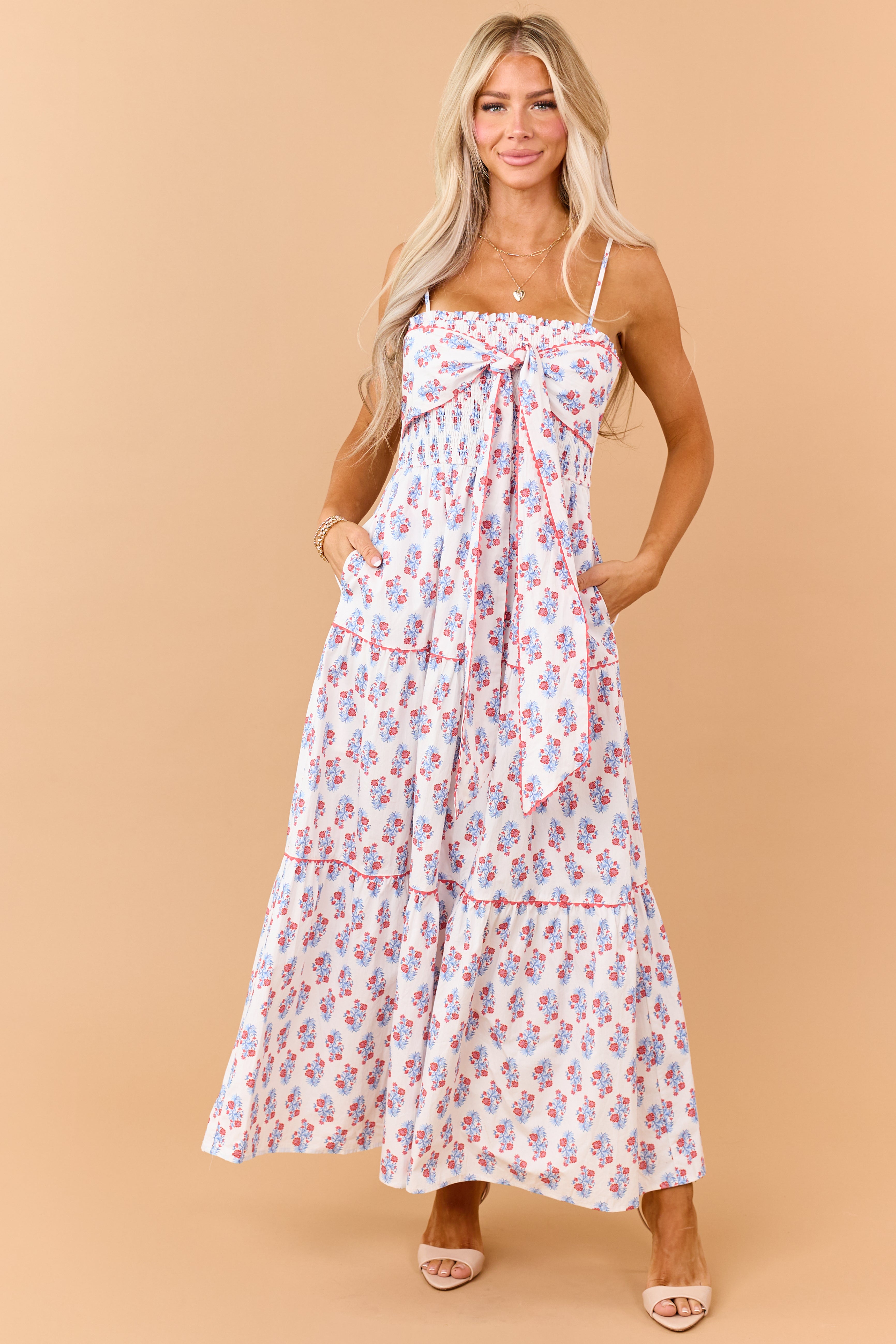 Off White Cotton Floral Print Tiered Maxi Dress