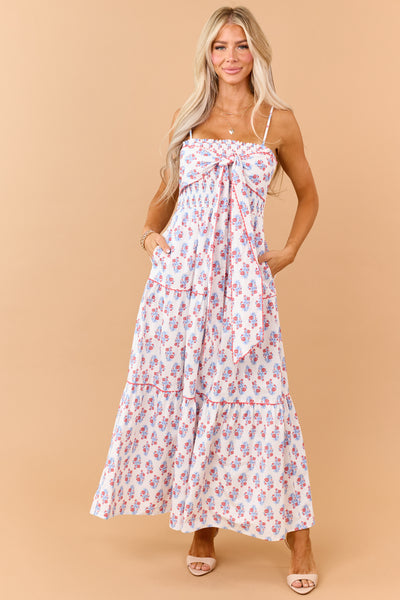 Off White Cotton Floral Print Tiered Maxi Dress