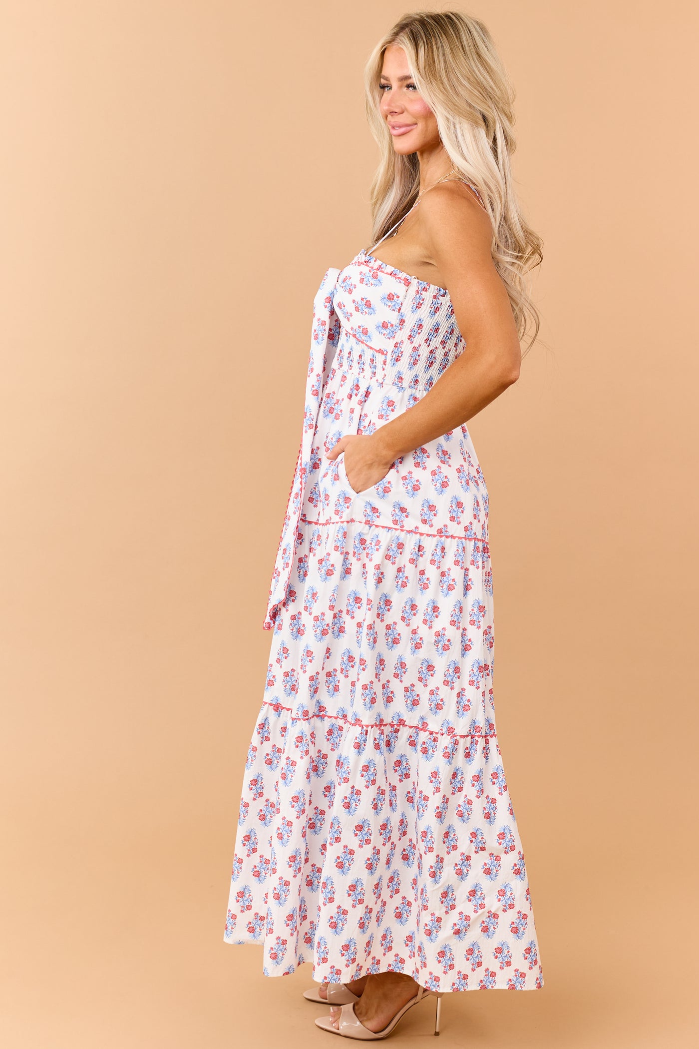Off White Cotton Floral Print Tiered Maxi Dress