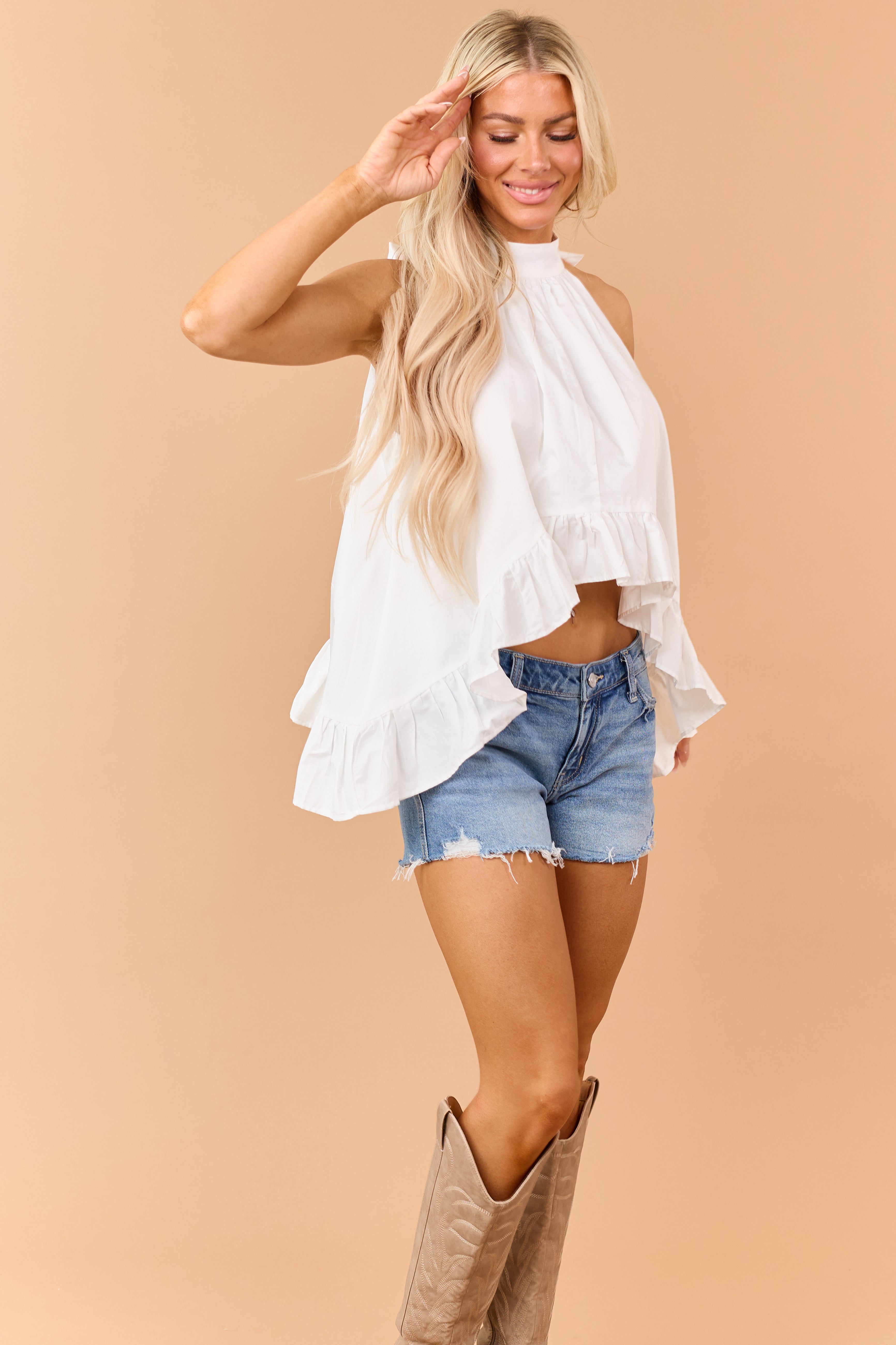 Off White Cotton Flowy Ruffle Hem Halter Top