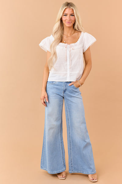 Off White Cotton Lace Ribbon Trim Pintuck Blouse